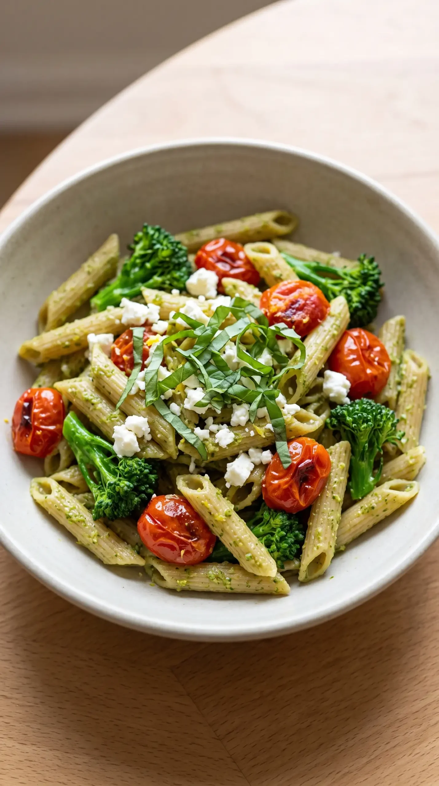 Finished lemon pesto penne with roasted tomatoes, broccoli, feta, and basil in a bowl