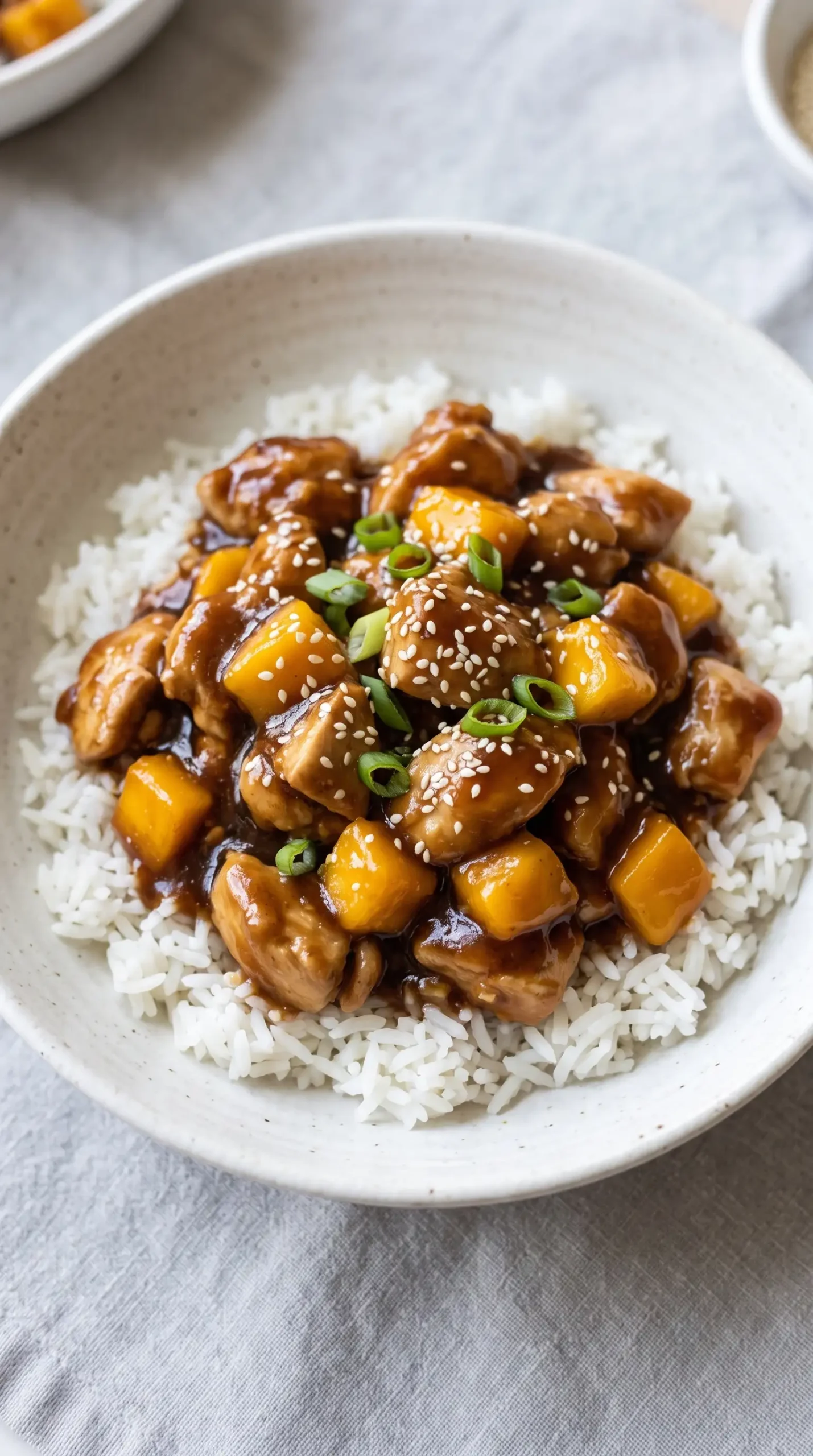 Finished mango chicken teriyaki skillet with mango chunks, rice, sesame, and green onions