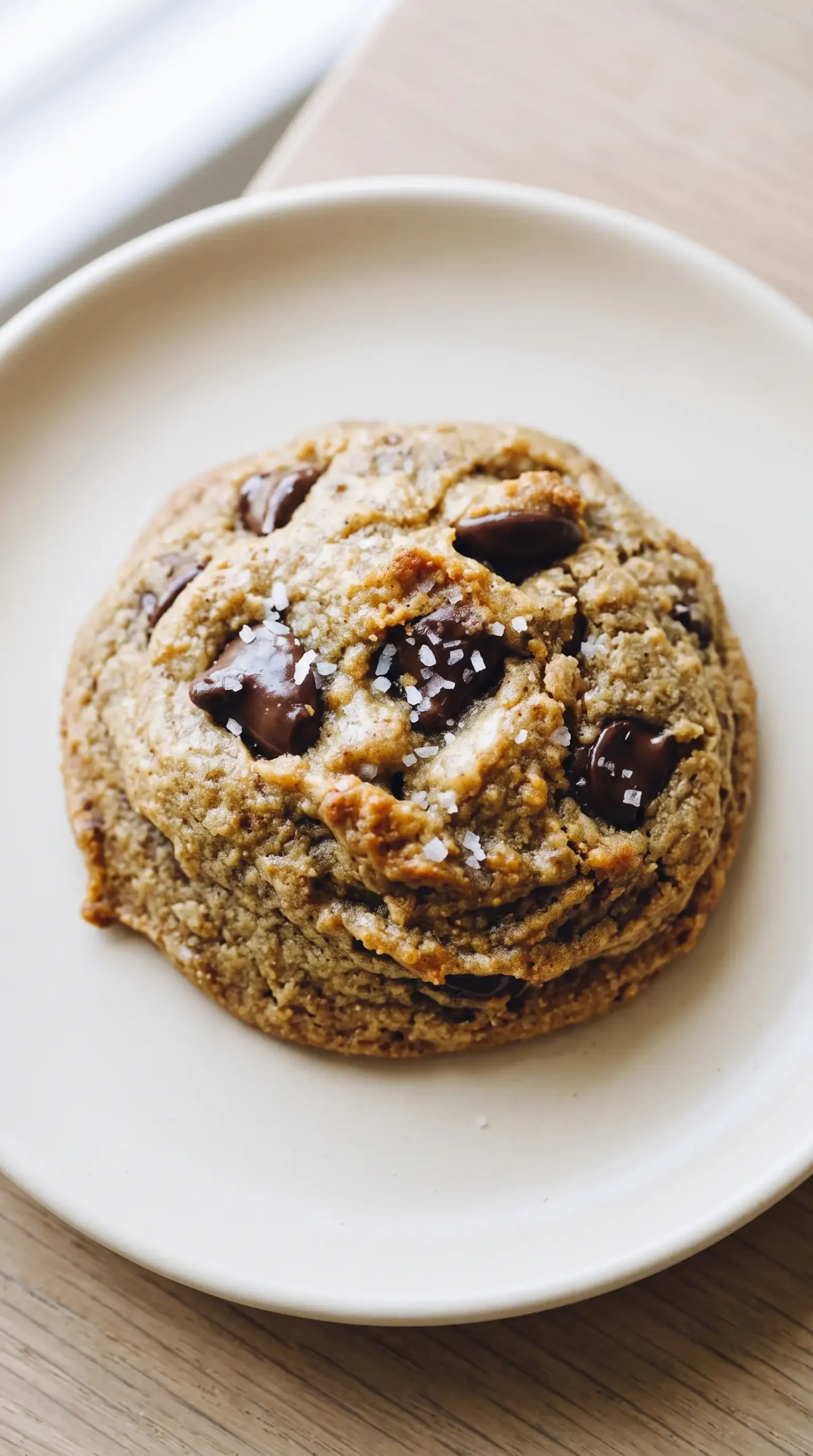 Finished peanut butter chocolate chip cookie with a soft center and sea salt topping