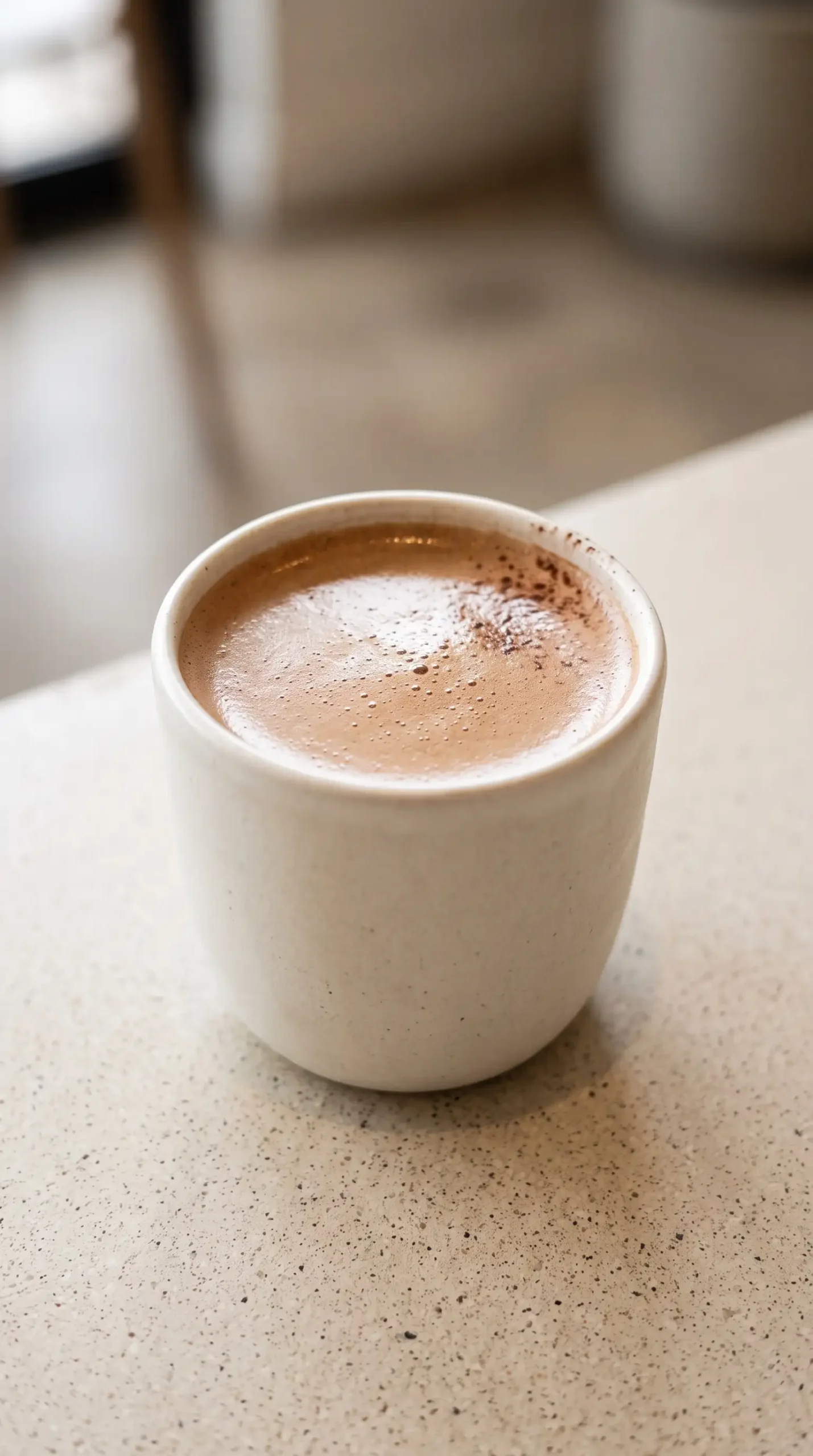 Finished bulletproof peppermint mocha served in a ceramic mug