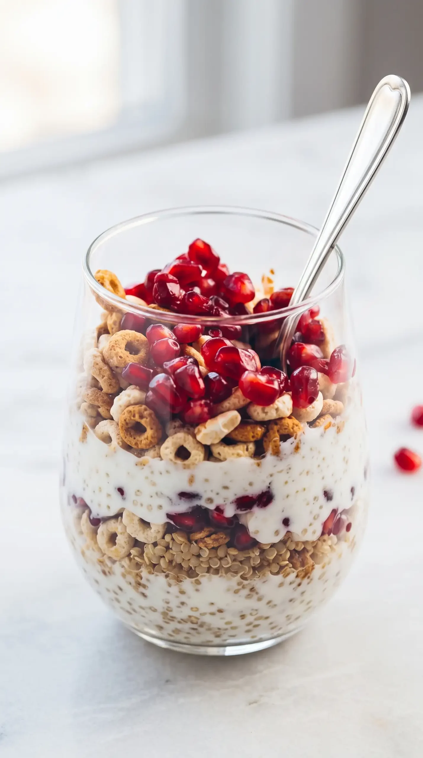 Finished honey yogurt quinoa parfait with cereal and pomegranate layers in a glass
