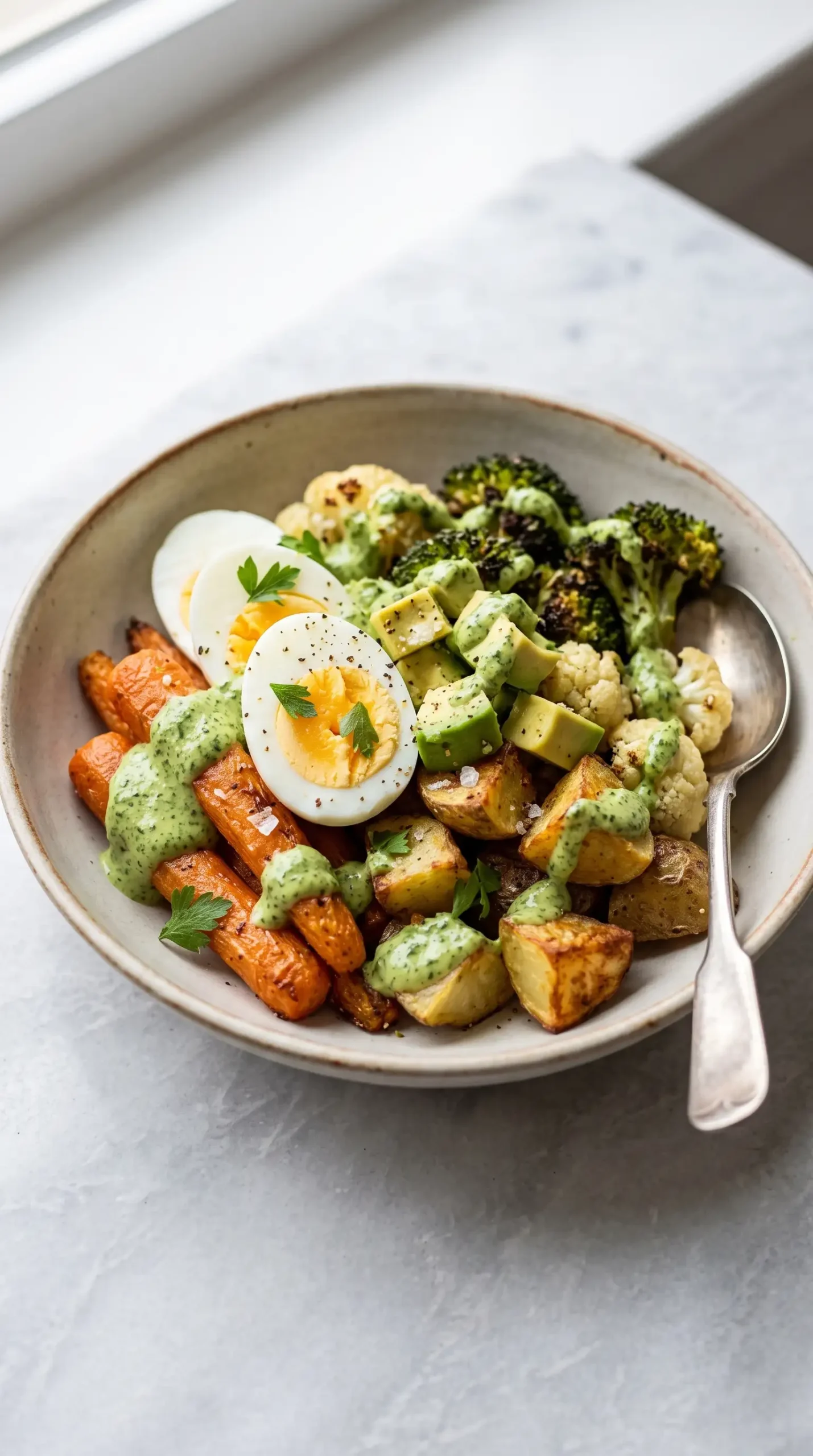 Roasted vegetable bowl with green tahini sauce, eggs, avocado, and roasted vegetables