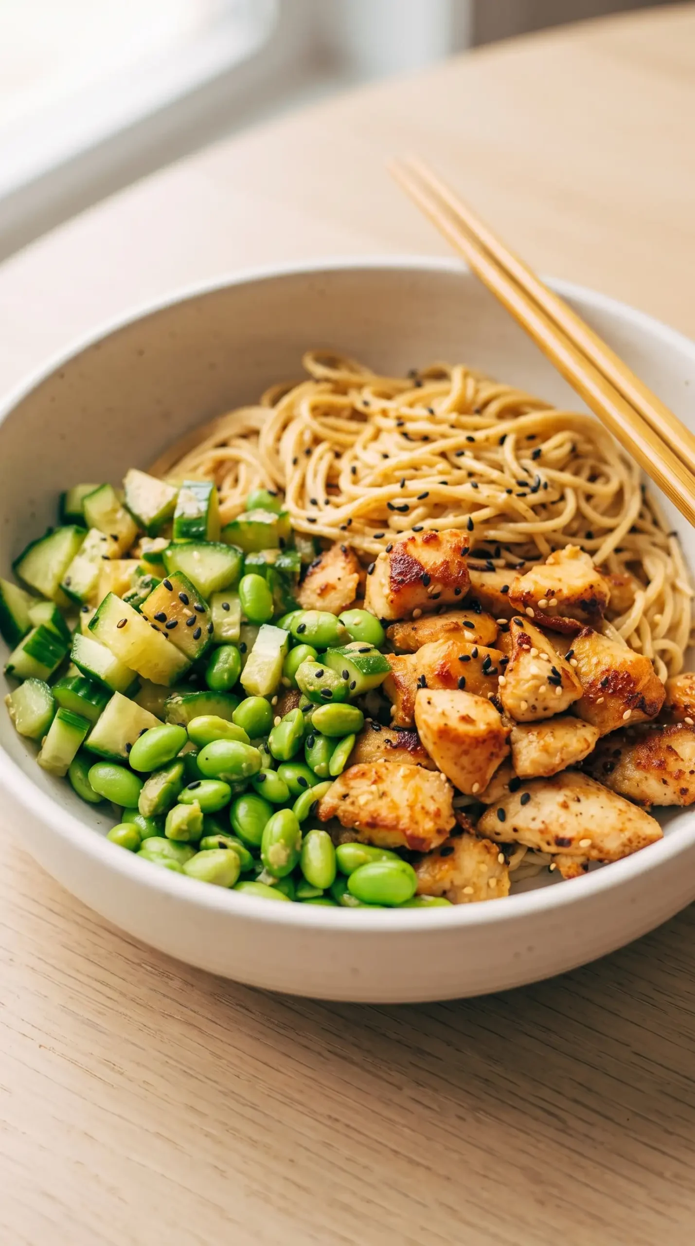 Finished sesame noodle bowl with chicken, creamy sauce, cucumber, edamame, and sesame seeds