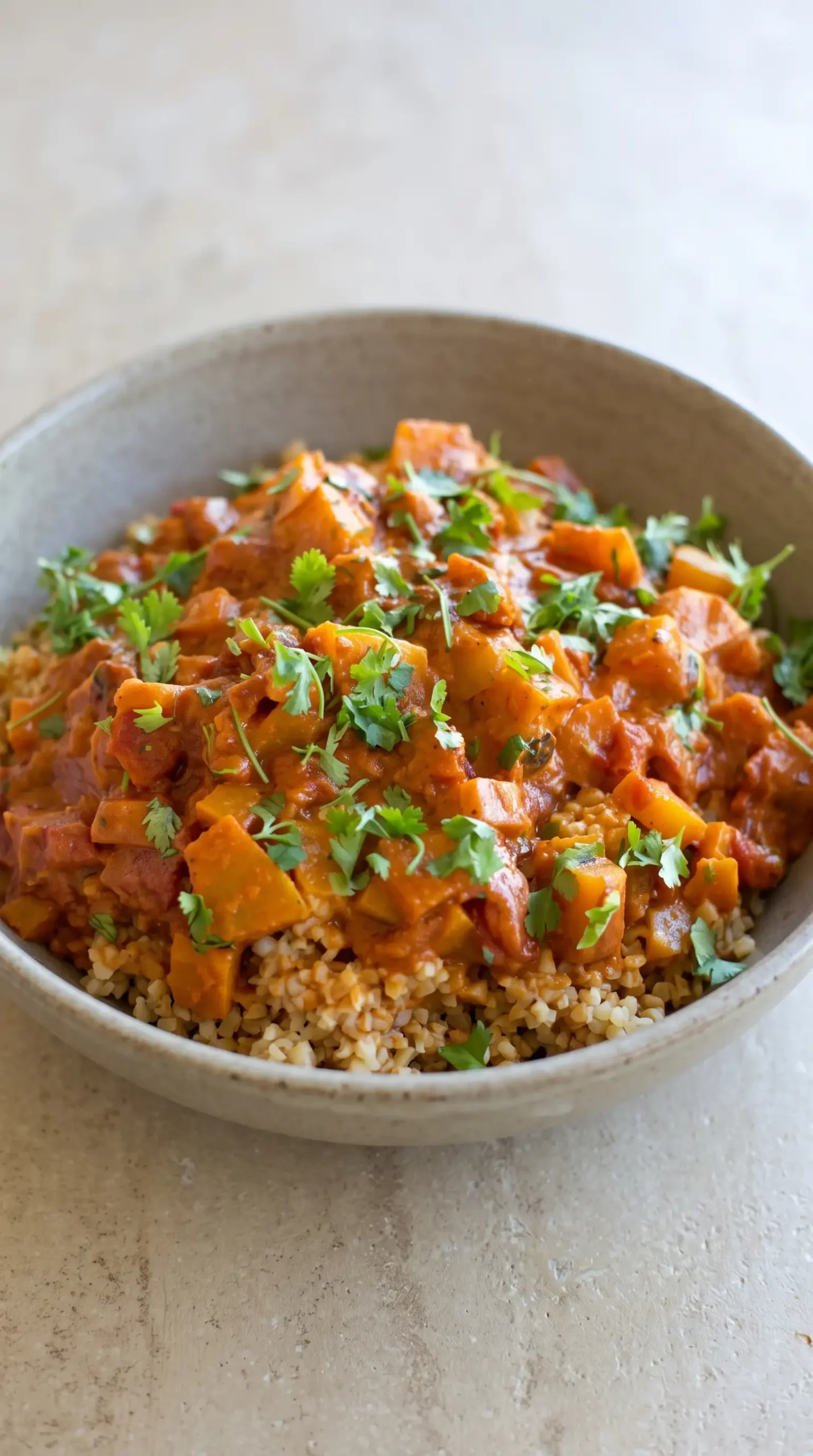 Finished squash curry with coconut sauce, tomatoes, bulgur, and cilantro garnish