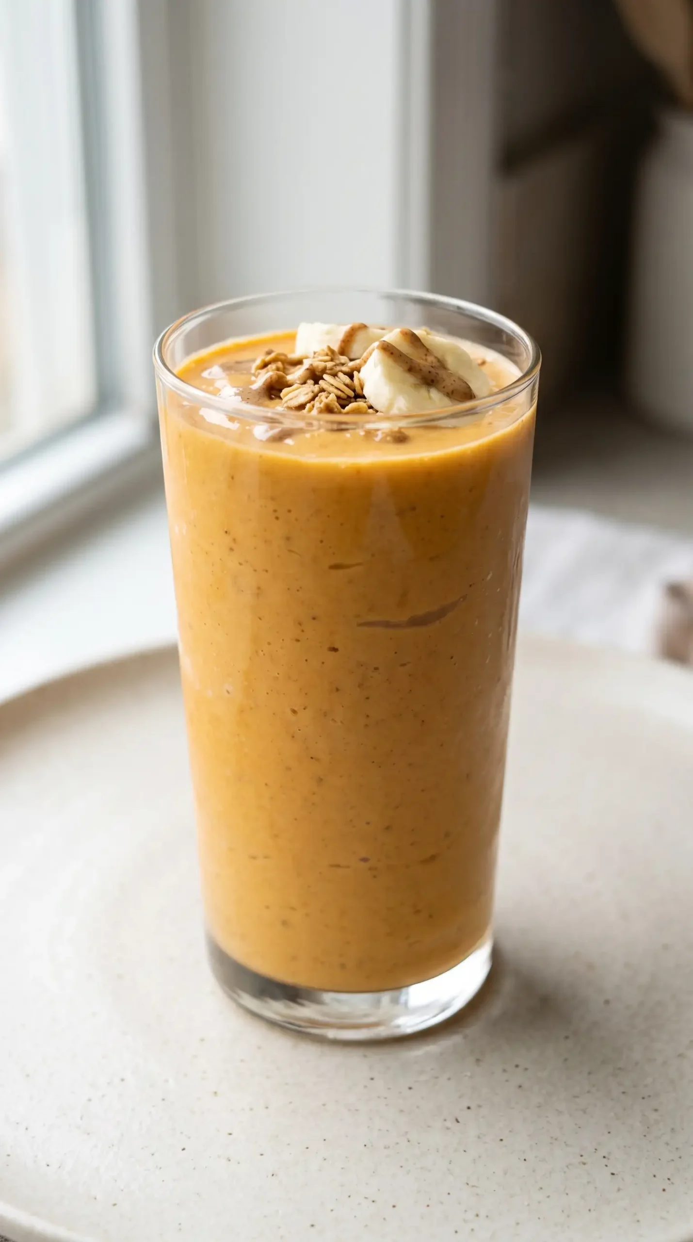 Sweet potato milkshake with creamy orange texture and banana, granola, and almond butter topping