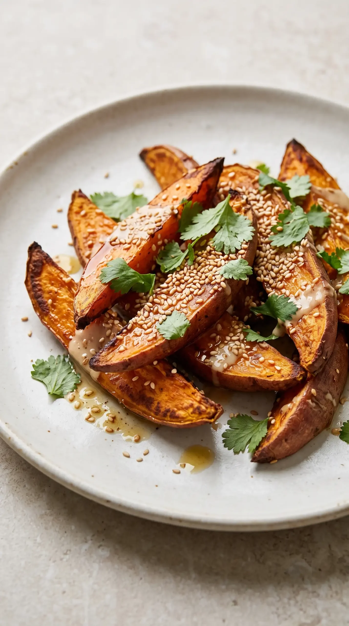 Finished roasted sweet potato wedges with tahini, sesame seeds, and fresh cilantro