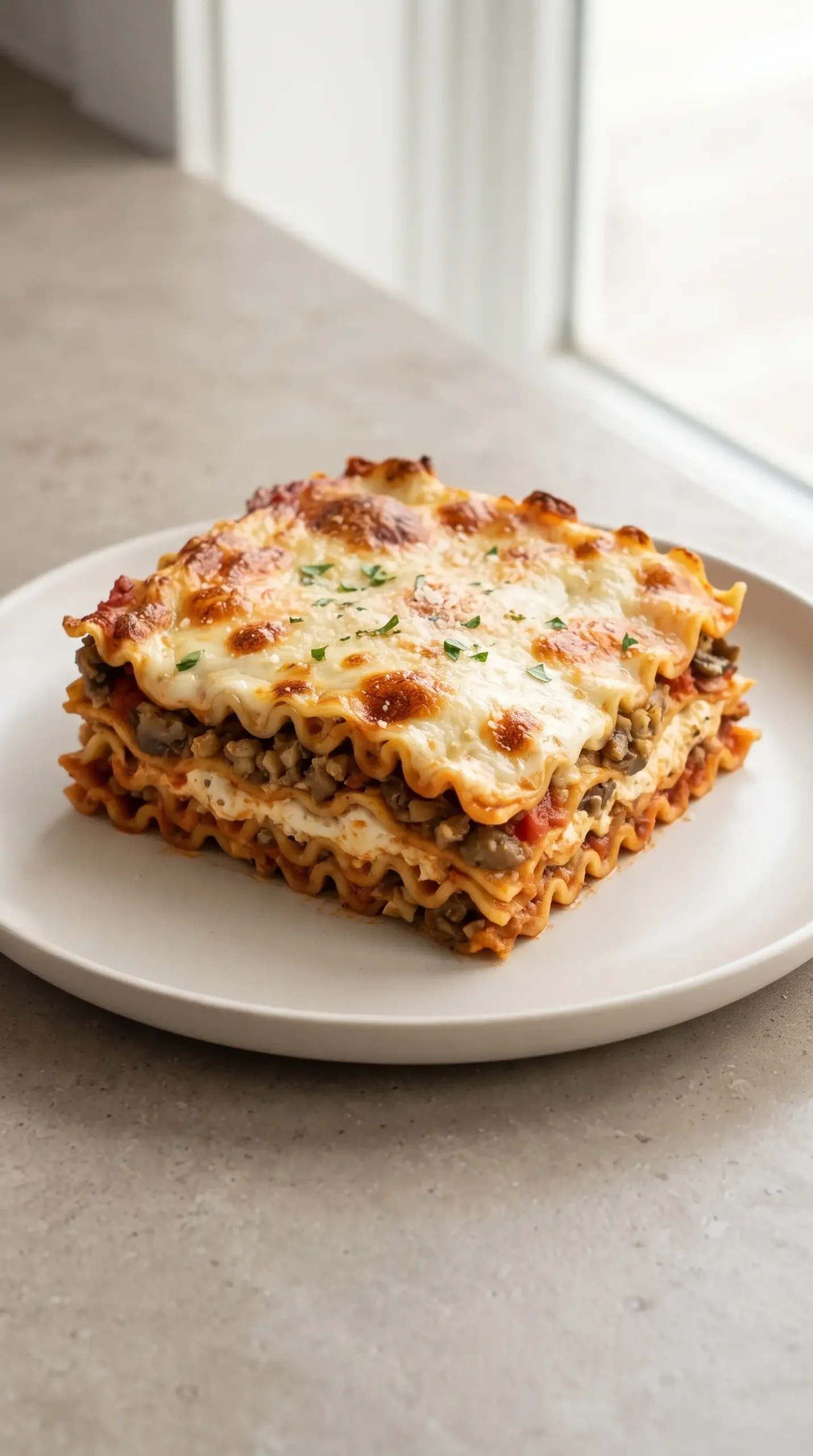 Finished slice of vegetarian lasagna with vegetable filling and melted cheese layers