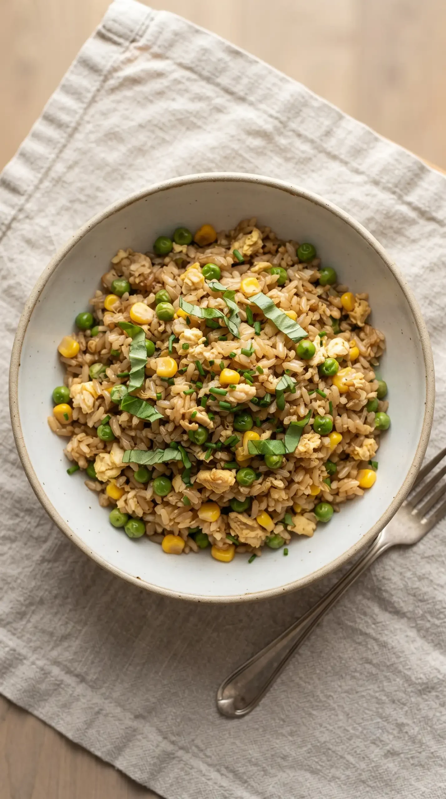 Veggie fried rice with brown rice, eggs, peas, corn, and fresh herbs