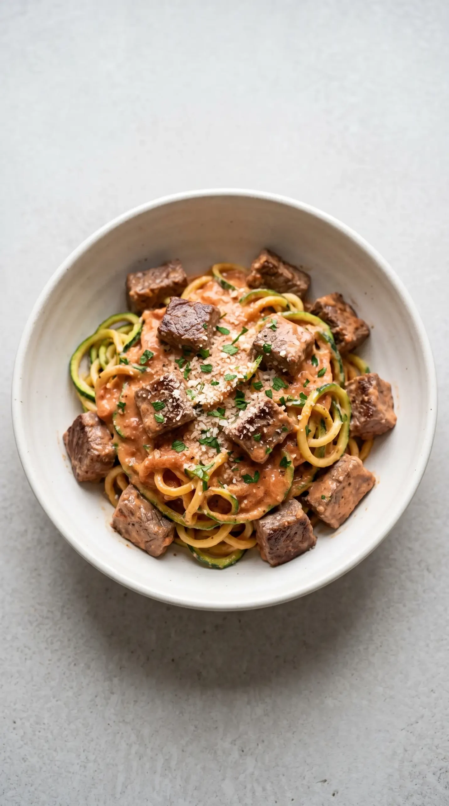 Finished vodka steak pasta with creamy sauce, zucchini noodles, Parmesan, and parsley
