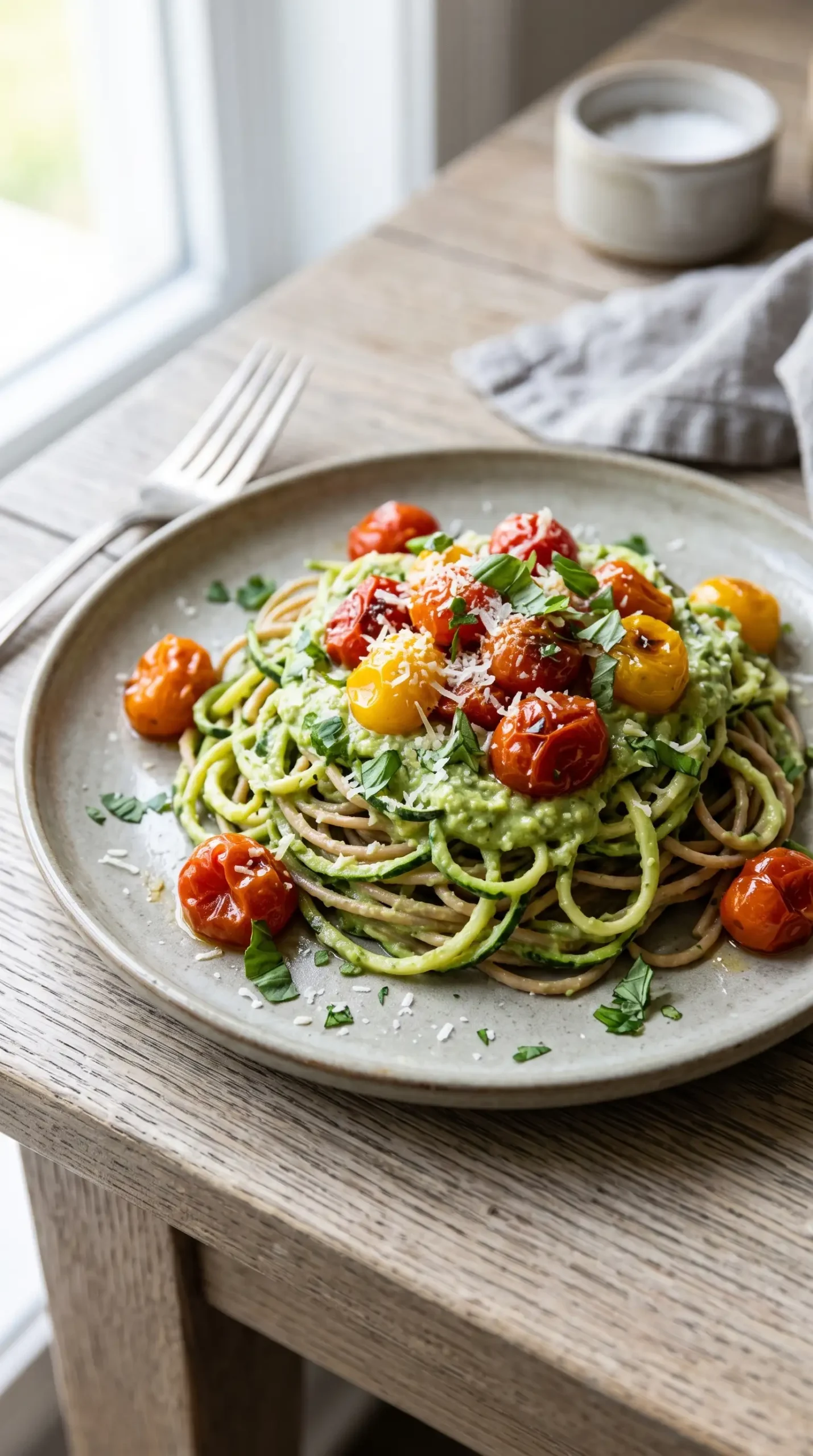 Finished zucchini spaghetti with avocado sauce, roasted tomatoes, Parmesan, and fresh herbs