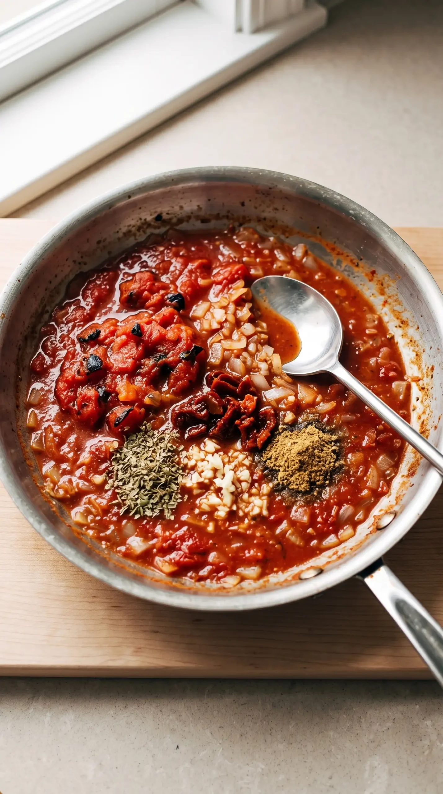 Fire-roasted tomato chipotle sauce cooking with onion, garlic, and spices in a skillet