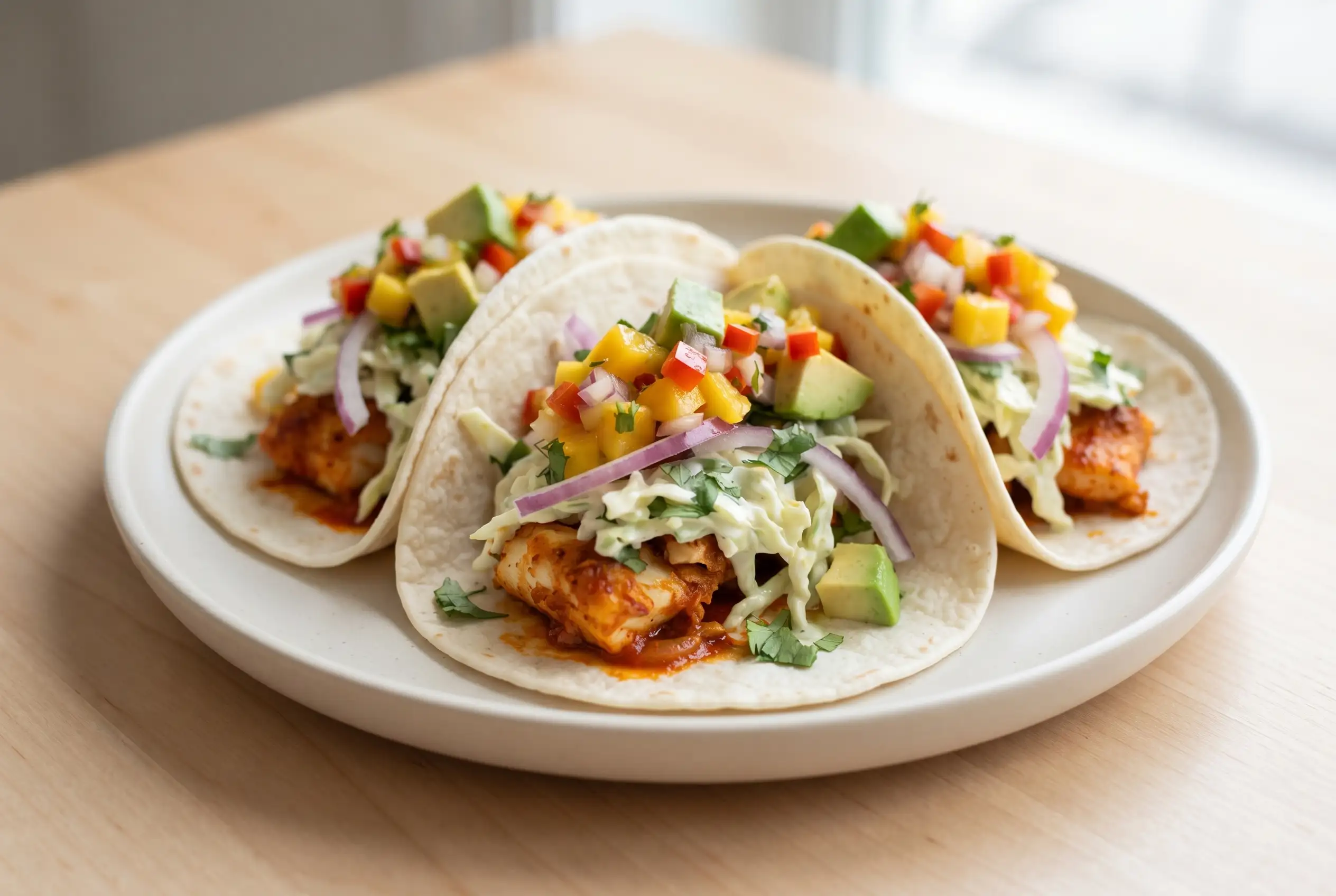 Fish tacos with baked cod, lime cabbage slaw, avocado, red onion, and mango salsa