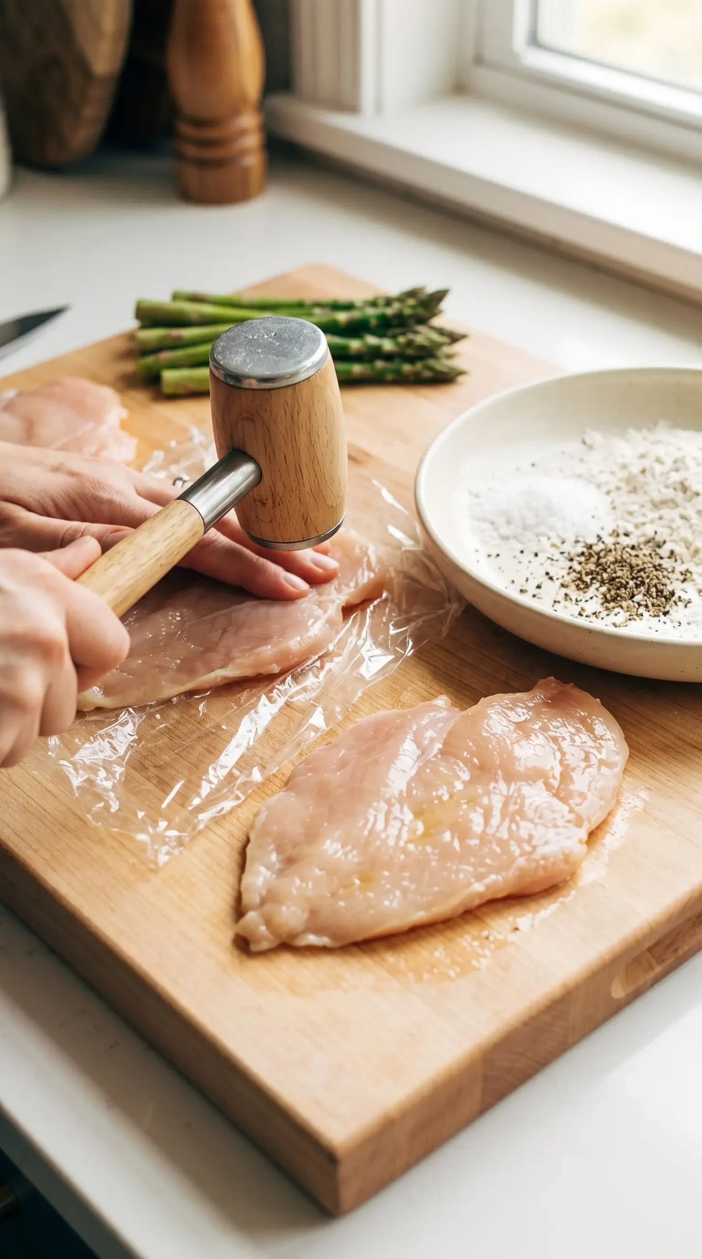 Chicken breast pieces being flattened before cooking for lemon chicken with asparagus