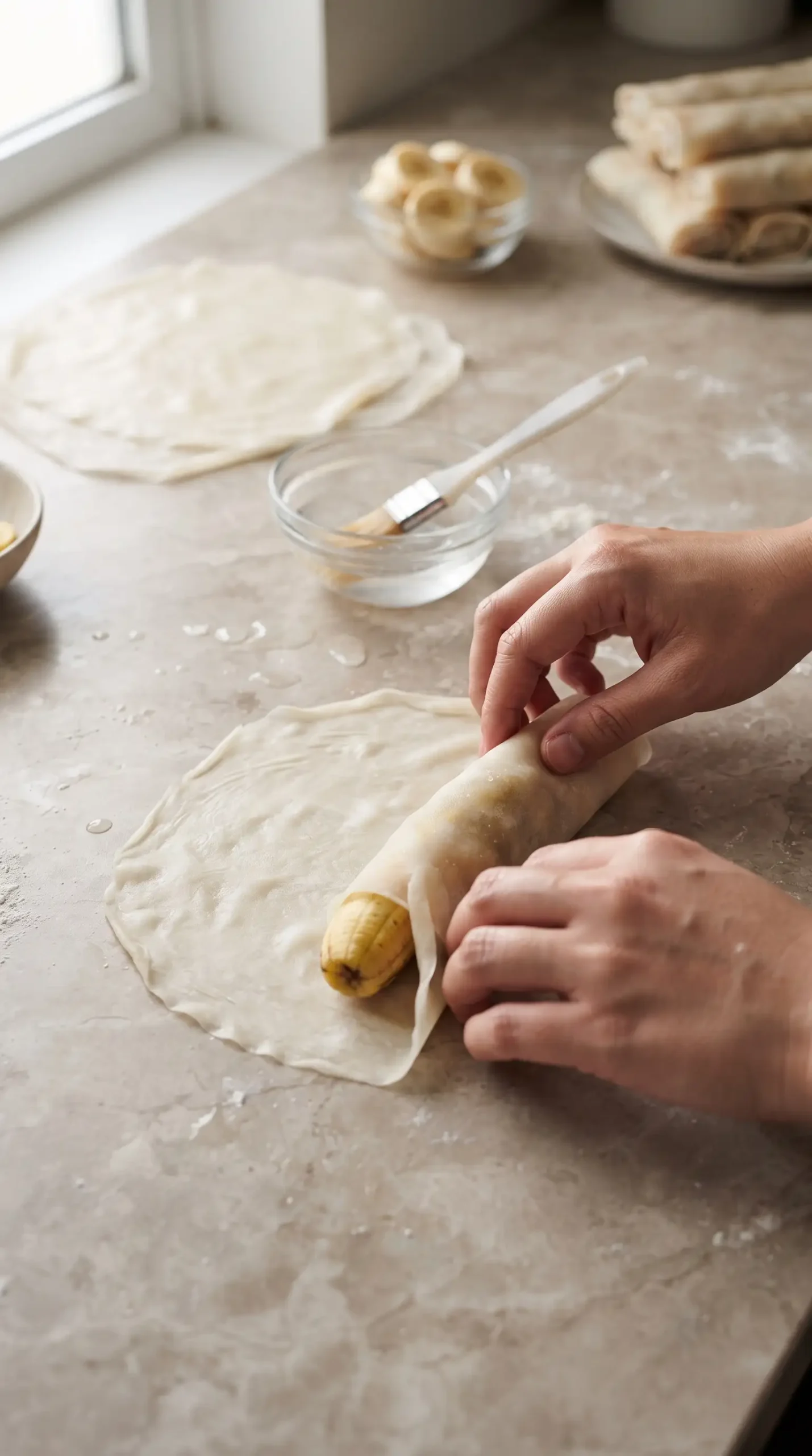 Hands folding a banana in a lumpia wrapper during turon preparation