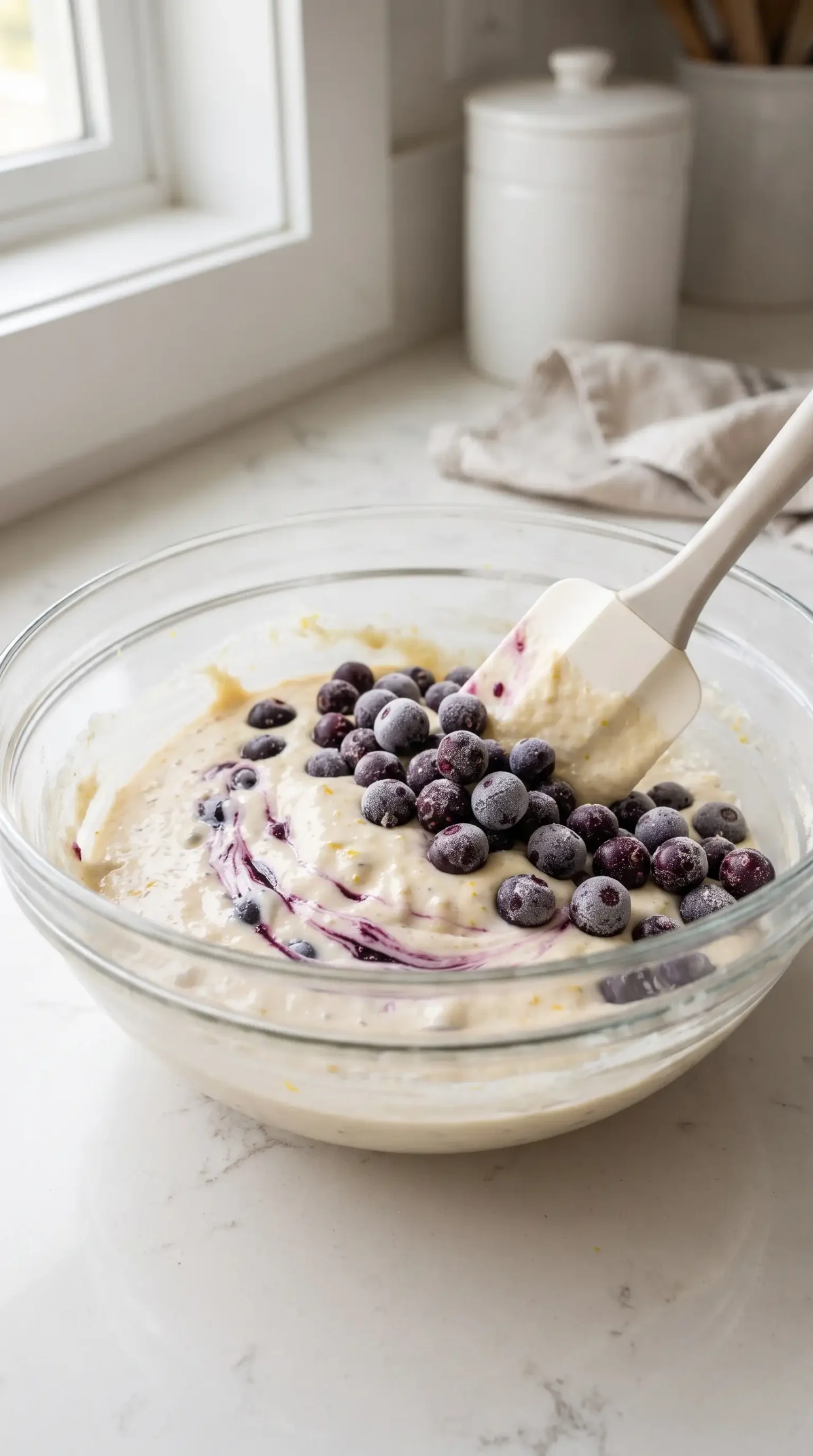 Blueberry lemon bread batter with frozen blueberries being folded in a mixing bowl