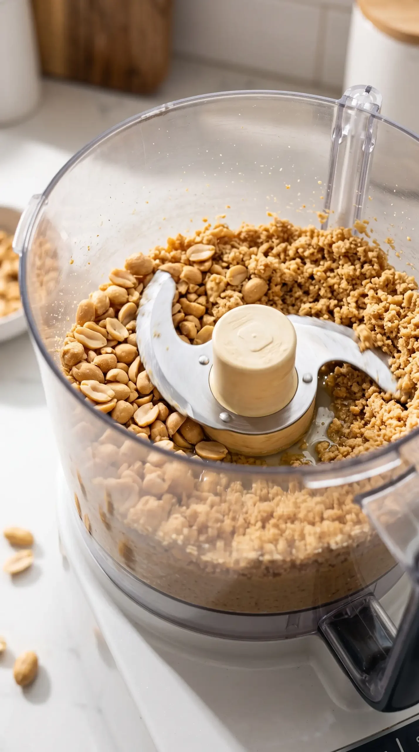 Food processor blending dry roasted peanuts into homemade peanut butter