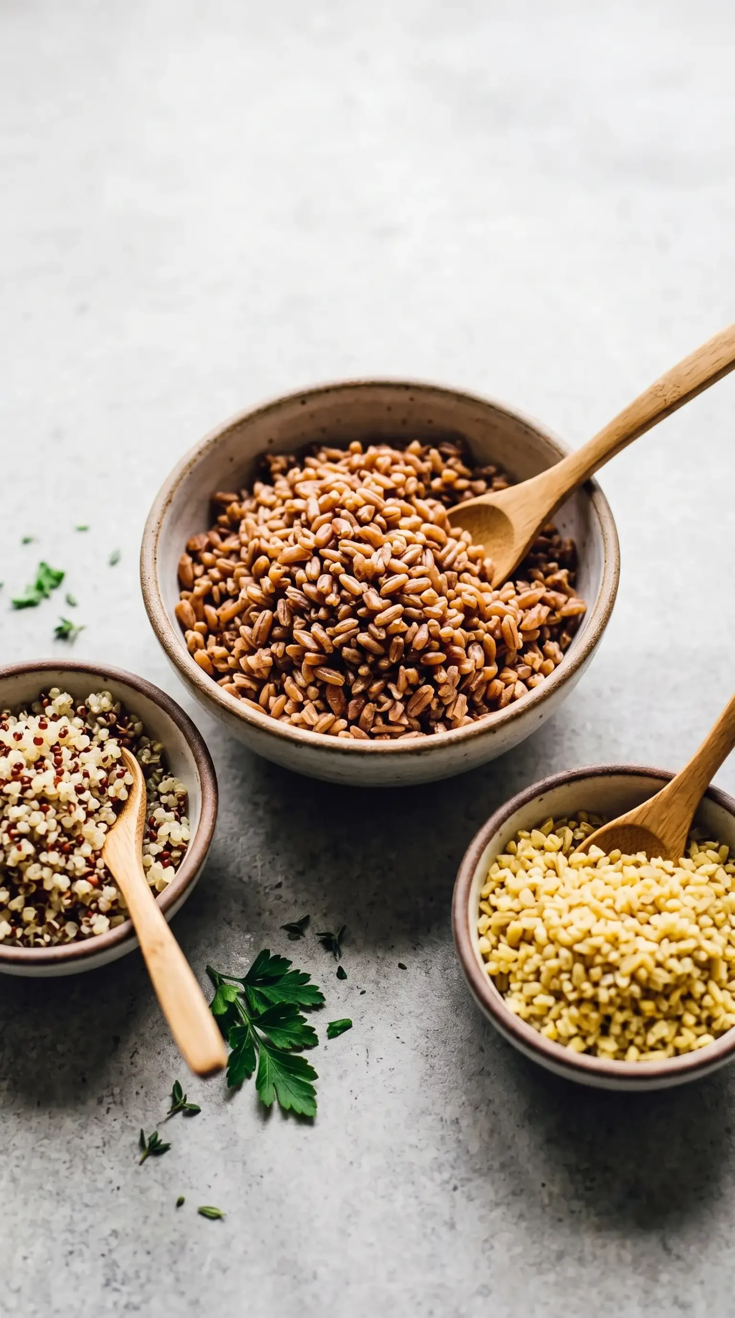 Cooked freekeh with quinoa and bulgur showing grain options for the salad base