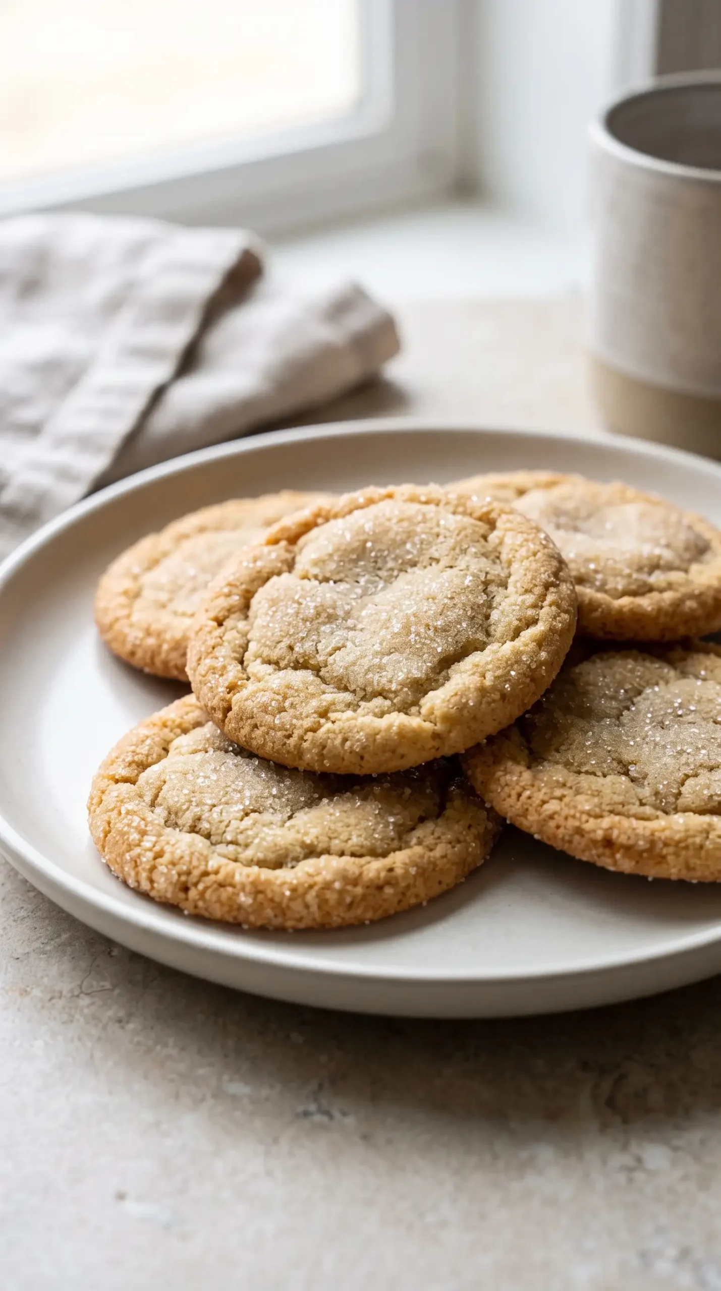 Freshly baked brown sugar cookies with sparkling sugar coating on a ceramic plate