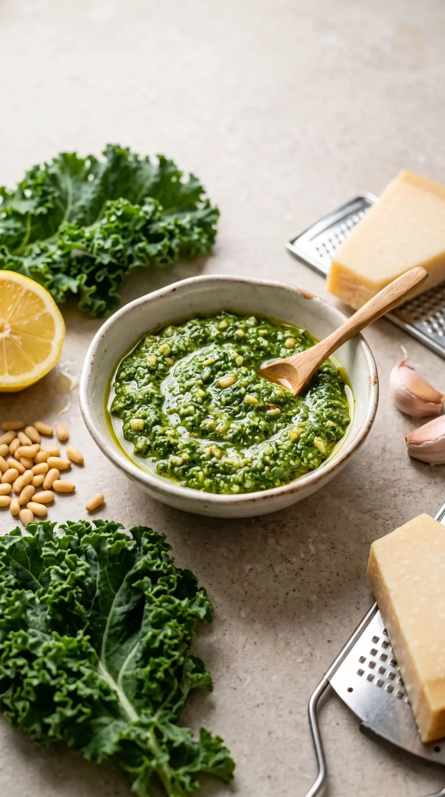 Fresh kale pesto in a bowl with kale, pine nuts, lemon, and garlic ingredients