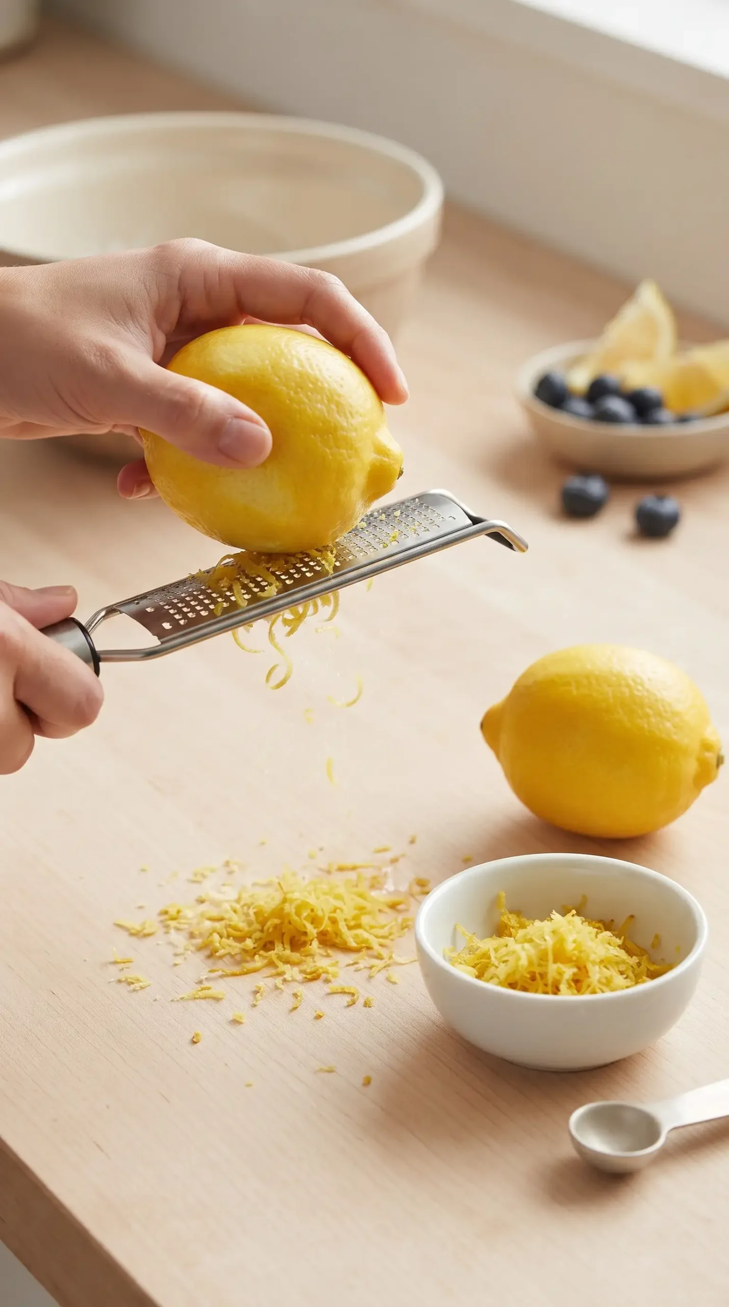 Fresh lemon being zested with peel curls and zest collected in a small bowl