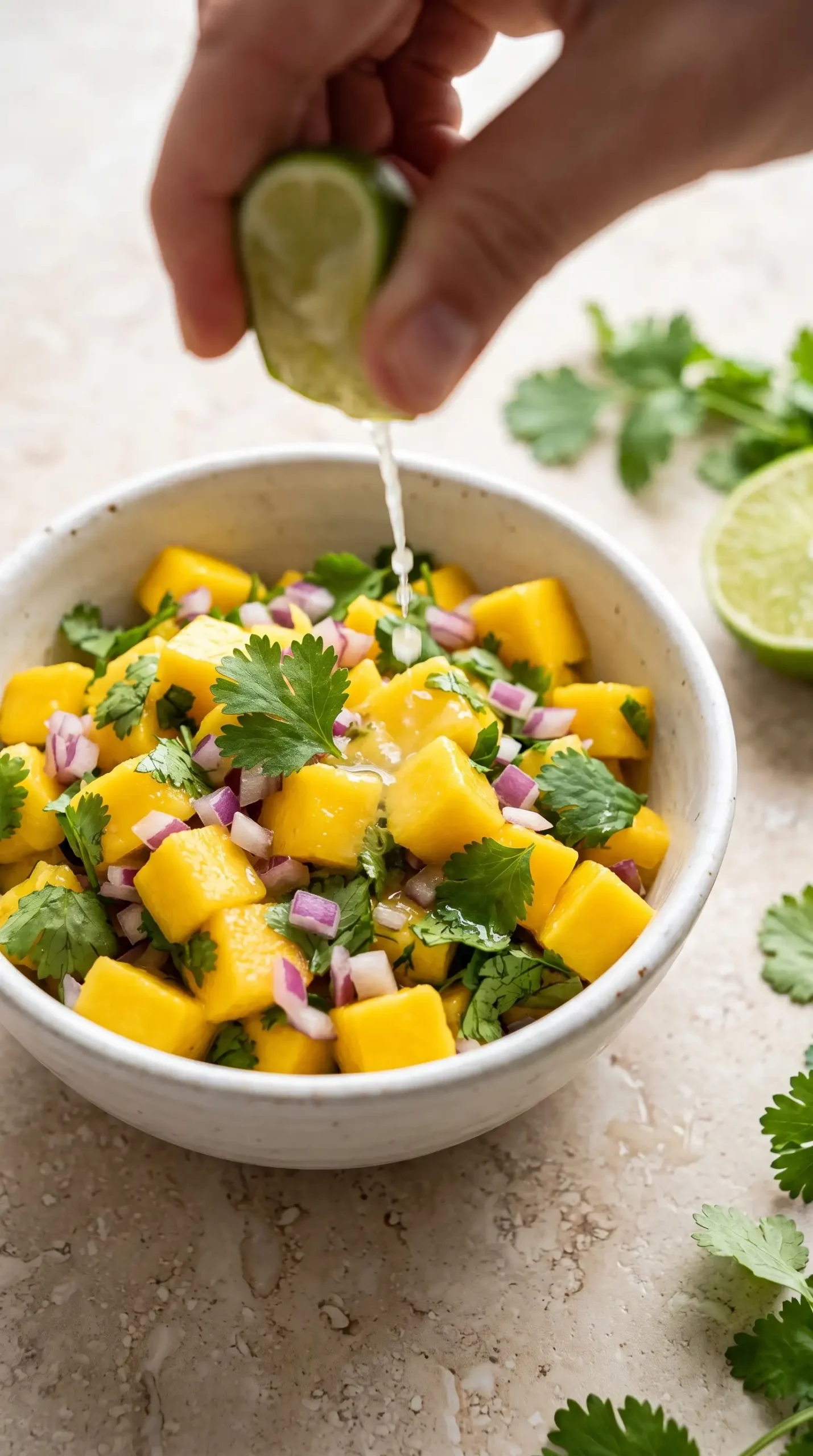 Fresh mango salsa with diced mango, red onion, cilantro, and lime