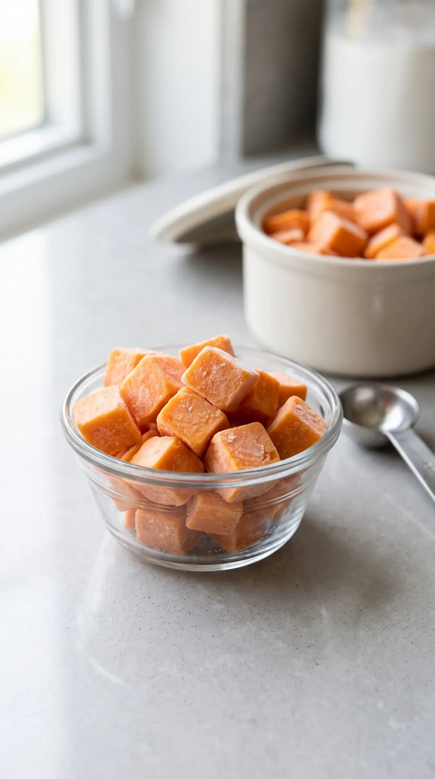Frozen sweet potato cubes prepared for blending into a thick milkshake