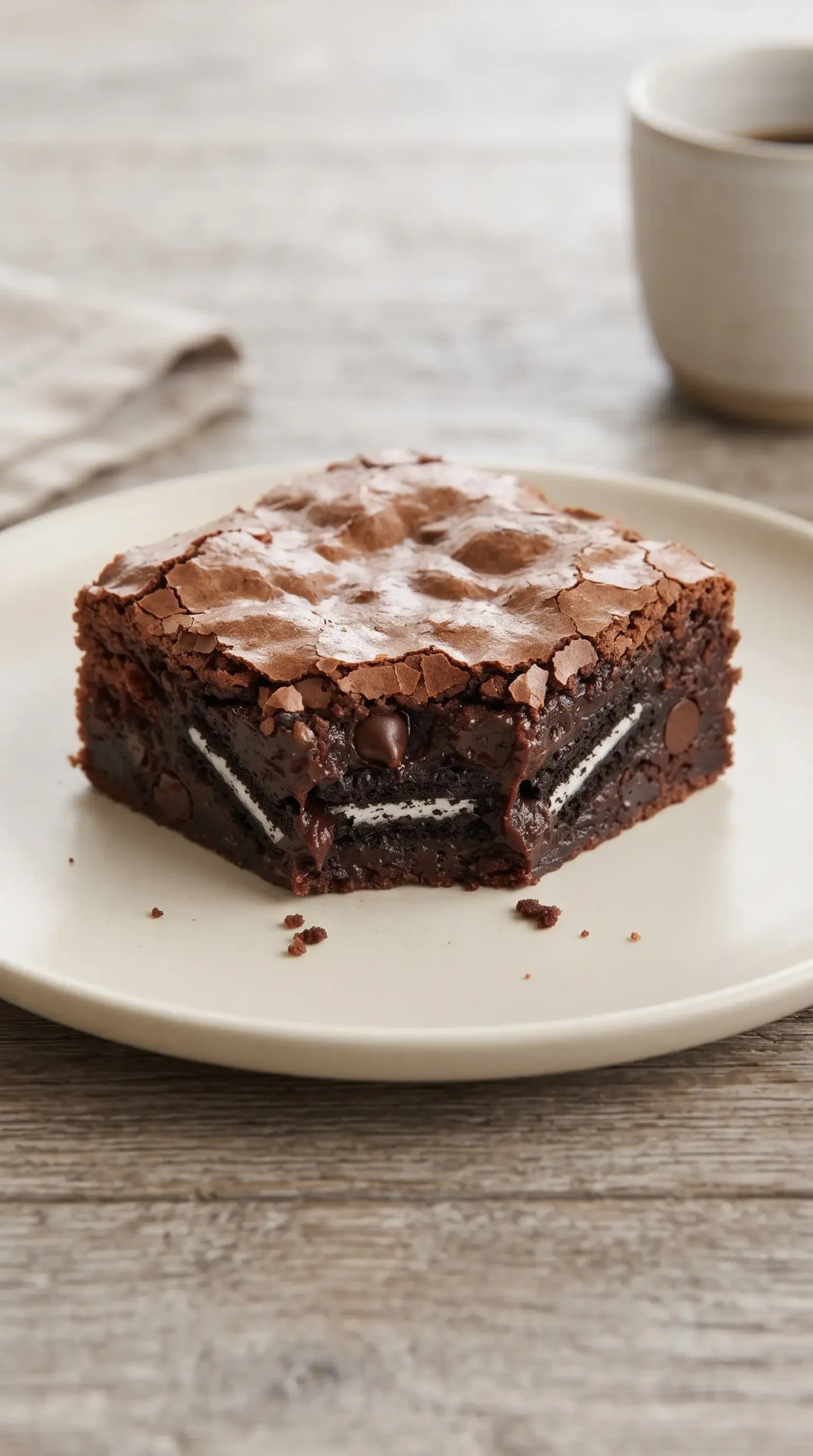 Fudgy Oreo brownie square with chocolate chips and softened cookie pieces visible inside
