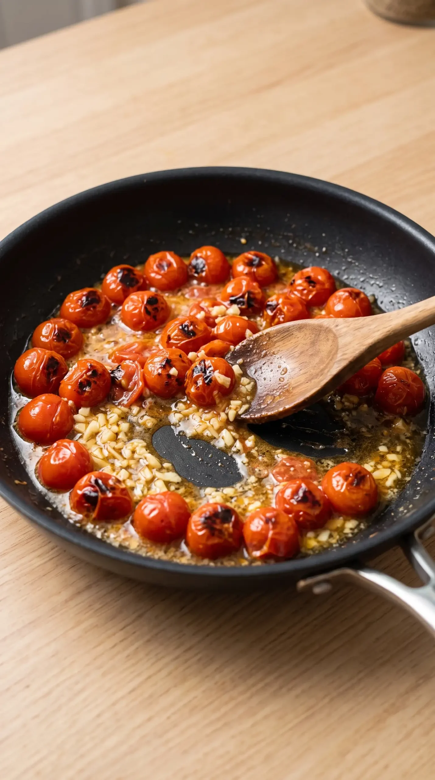 Garlic butter tomato sauce with softened cherry tomatoes cooking in a skillet