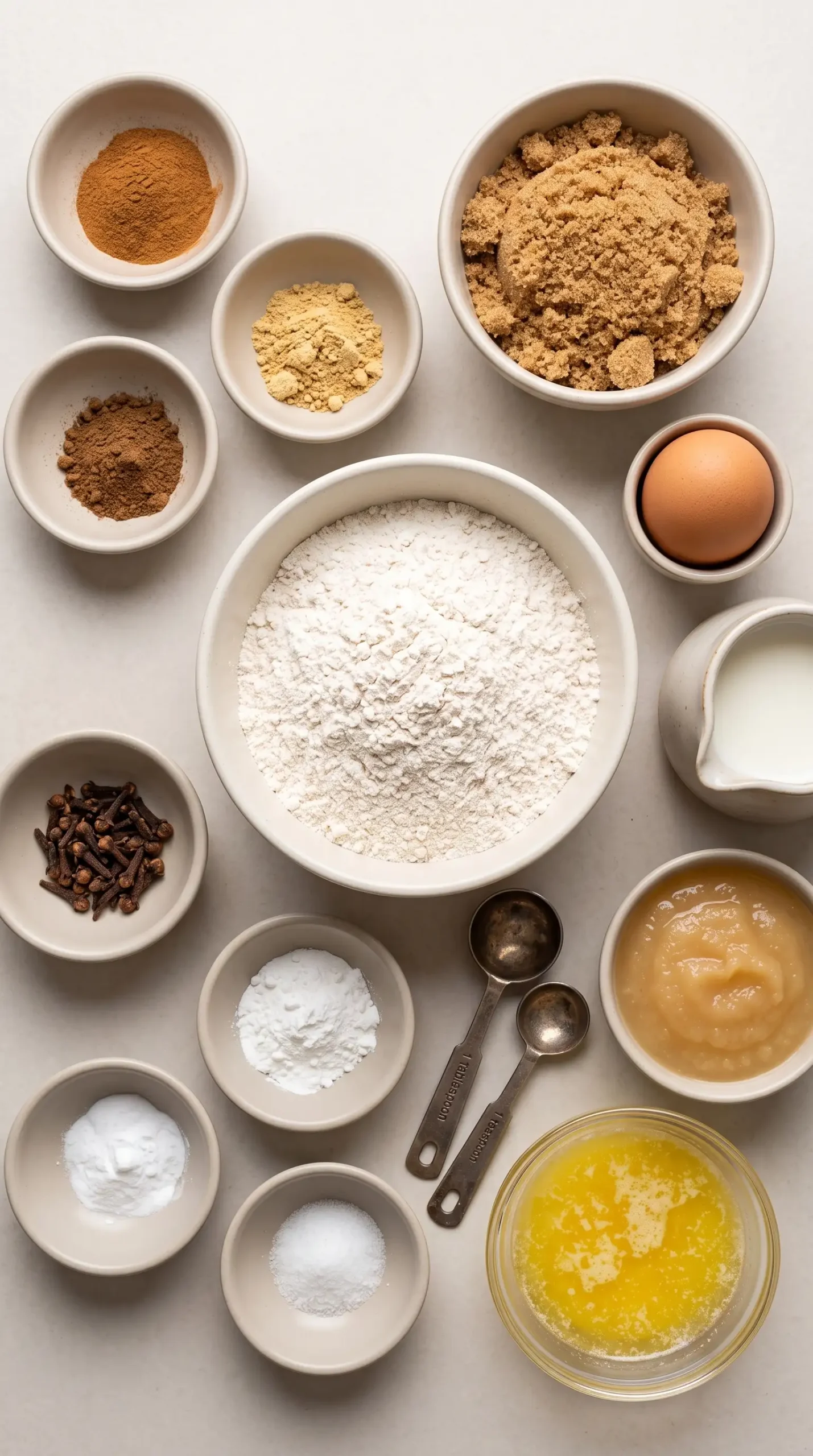 Ingredients for gingerbread mini donuts with flour, spices, sugar, egg, milk, and butter
