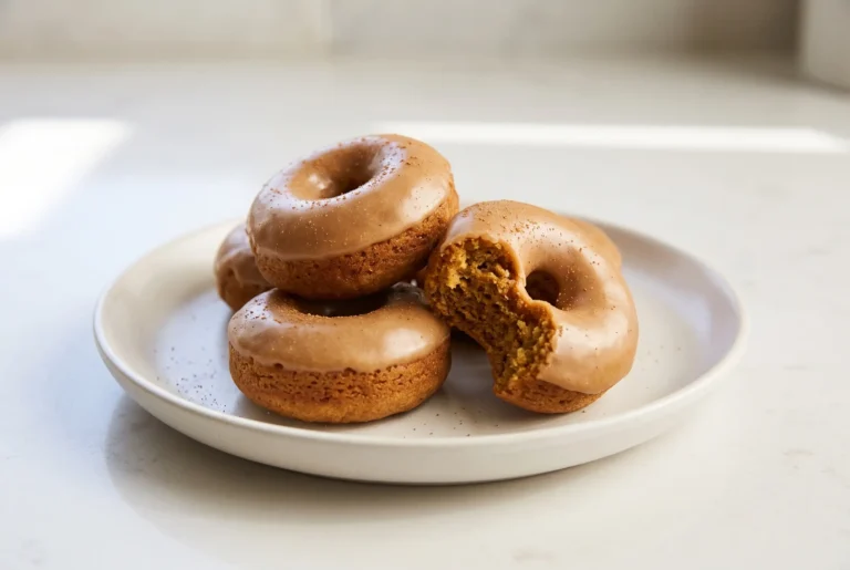 Gingerbread mini donuts with maple glaze and cinnamon on a ceramic plate
