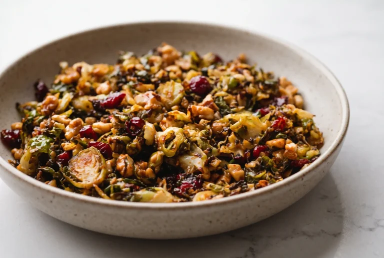 Gochujang butter brussels sprouts with cranberries, walnuts, and roasted caramelized edges in a bowl