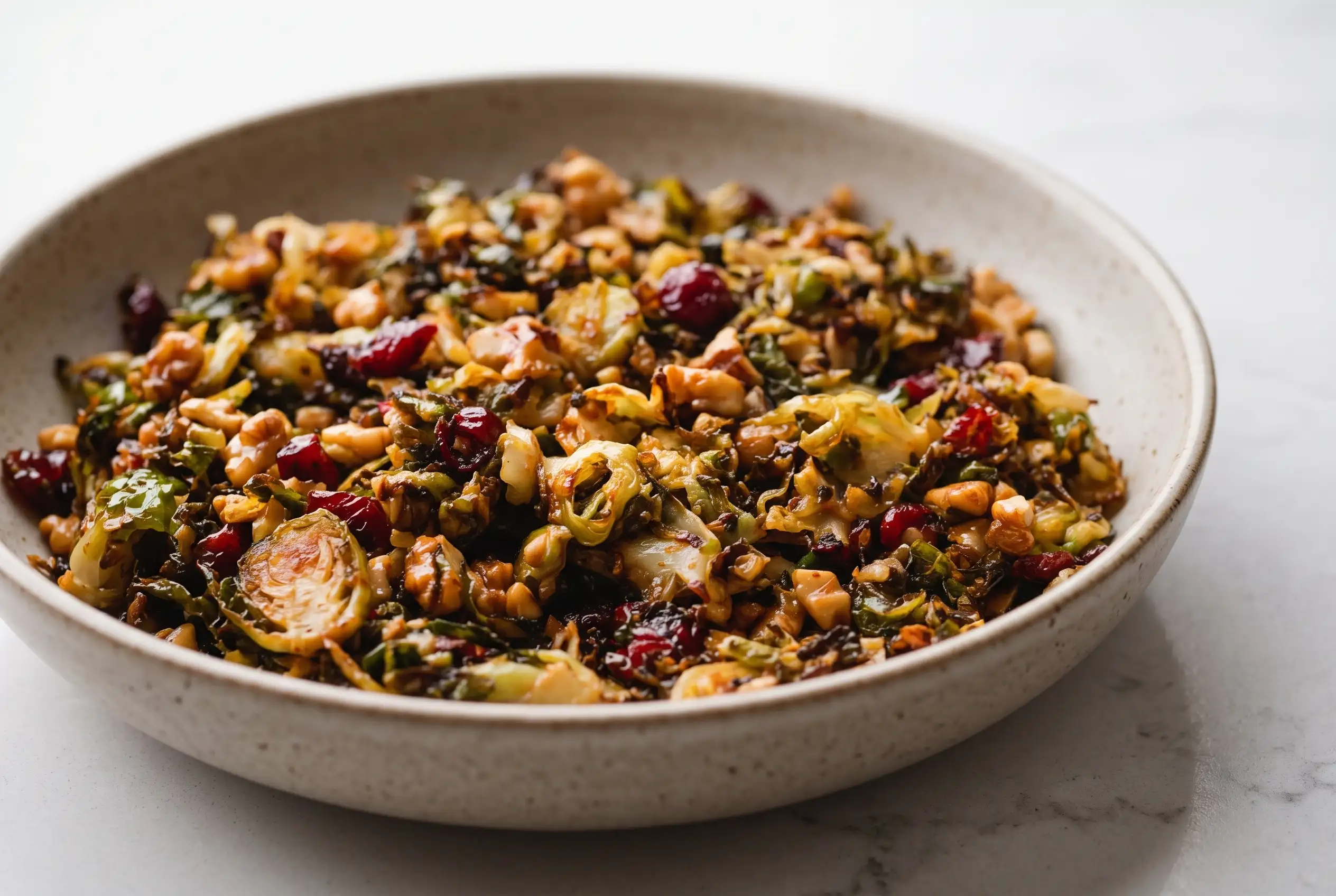 Gochujang butter brussels sprouts with cranberries, walnuts, and roasted caramelized edges in a bowl