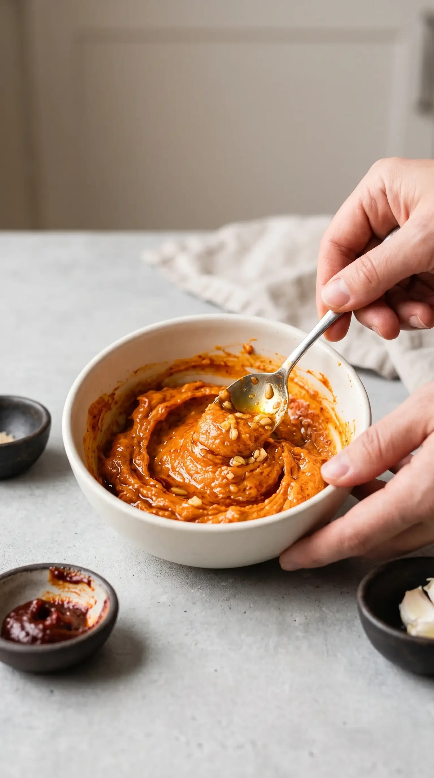 Bowl of gochujang butter mixture with chili paste, sesame oil, garlic, and soy sauce