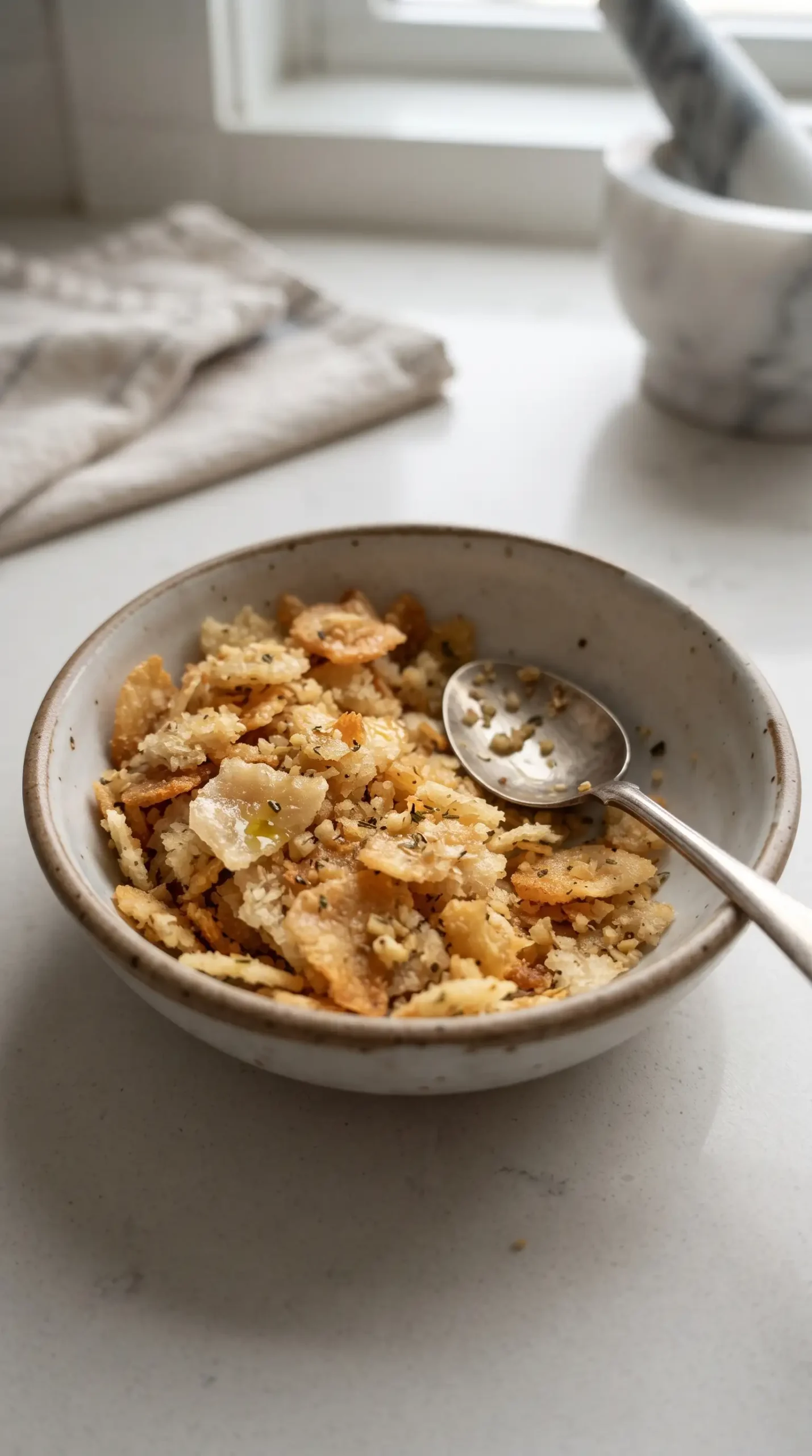 Toasted golden panko crispies prepared for adding crunch to an Italian salad