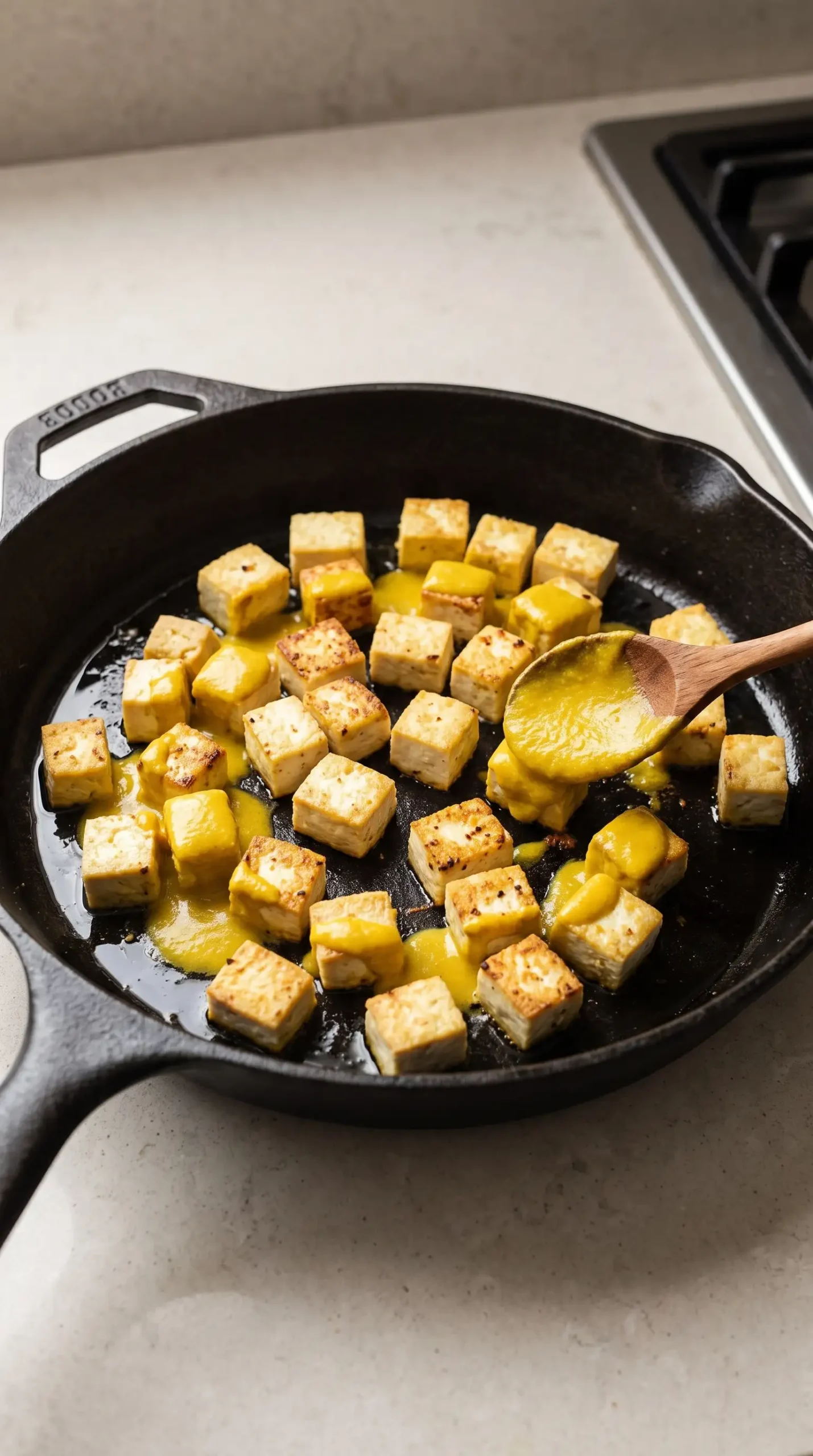 Golden tofu cubes cooking with coconut curry puree to create crispy soup toppings