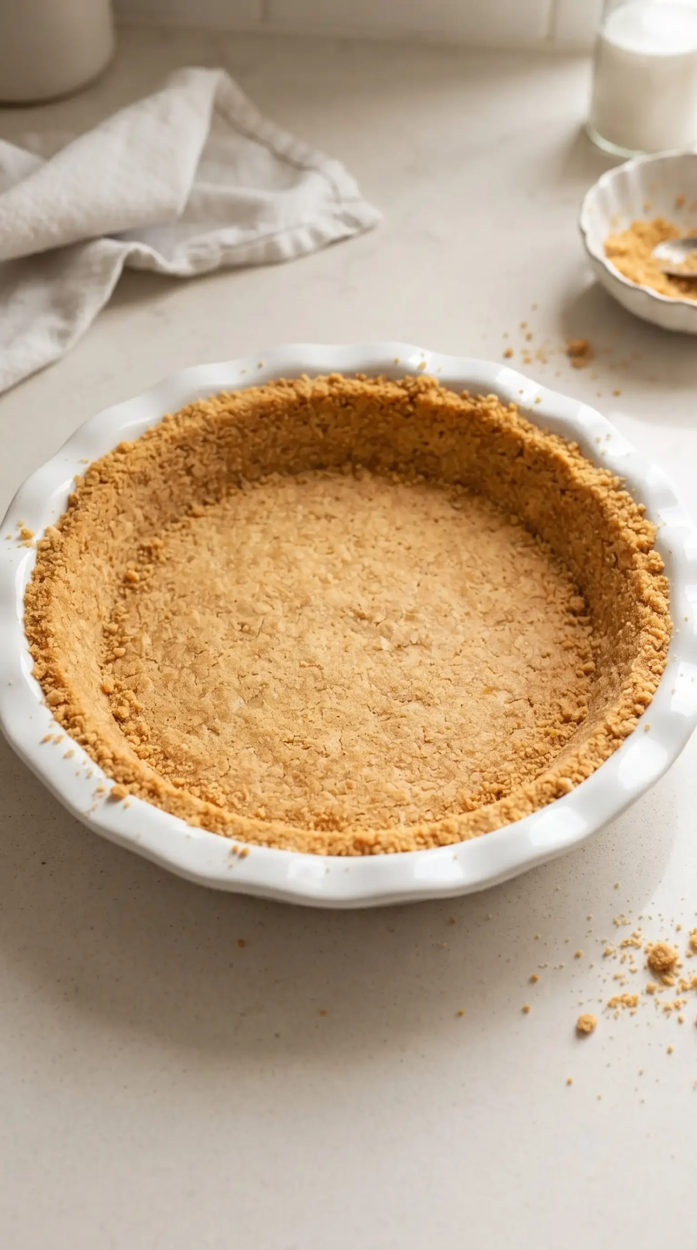 Baked graham cracker crust in a pie plate prepared as the base for banoffee pie