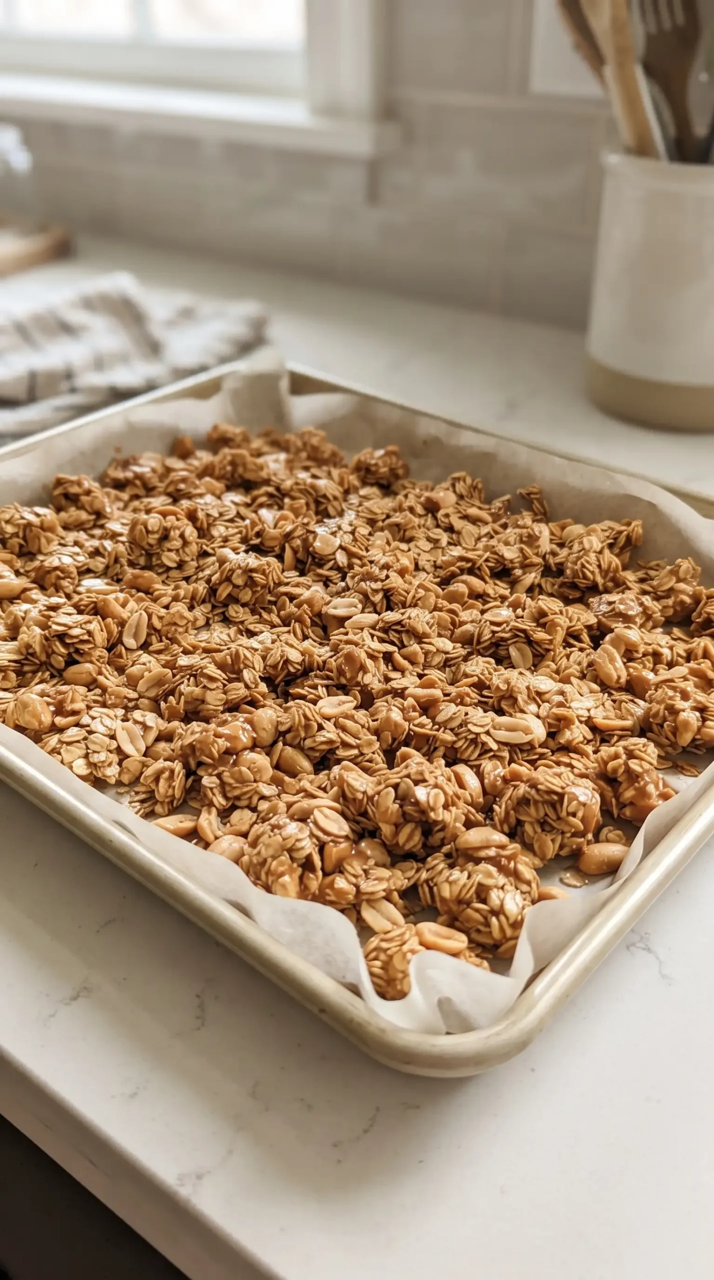 Peanut butter granola mixture spread on a baking pan before baking