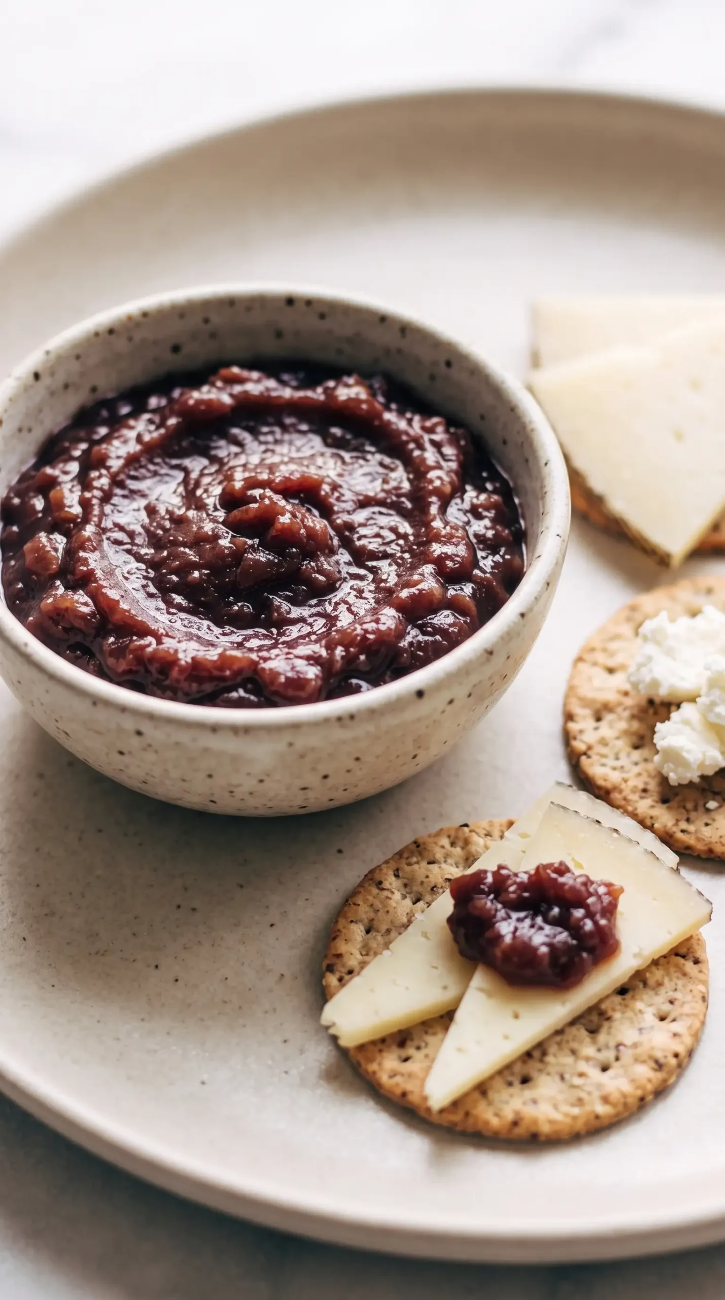 Shallot grape chutney served with crackers, Manchego slices, and goat cheese.