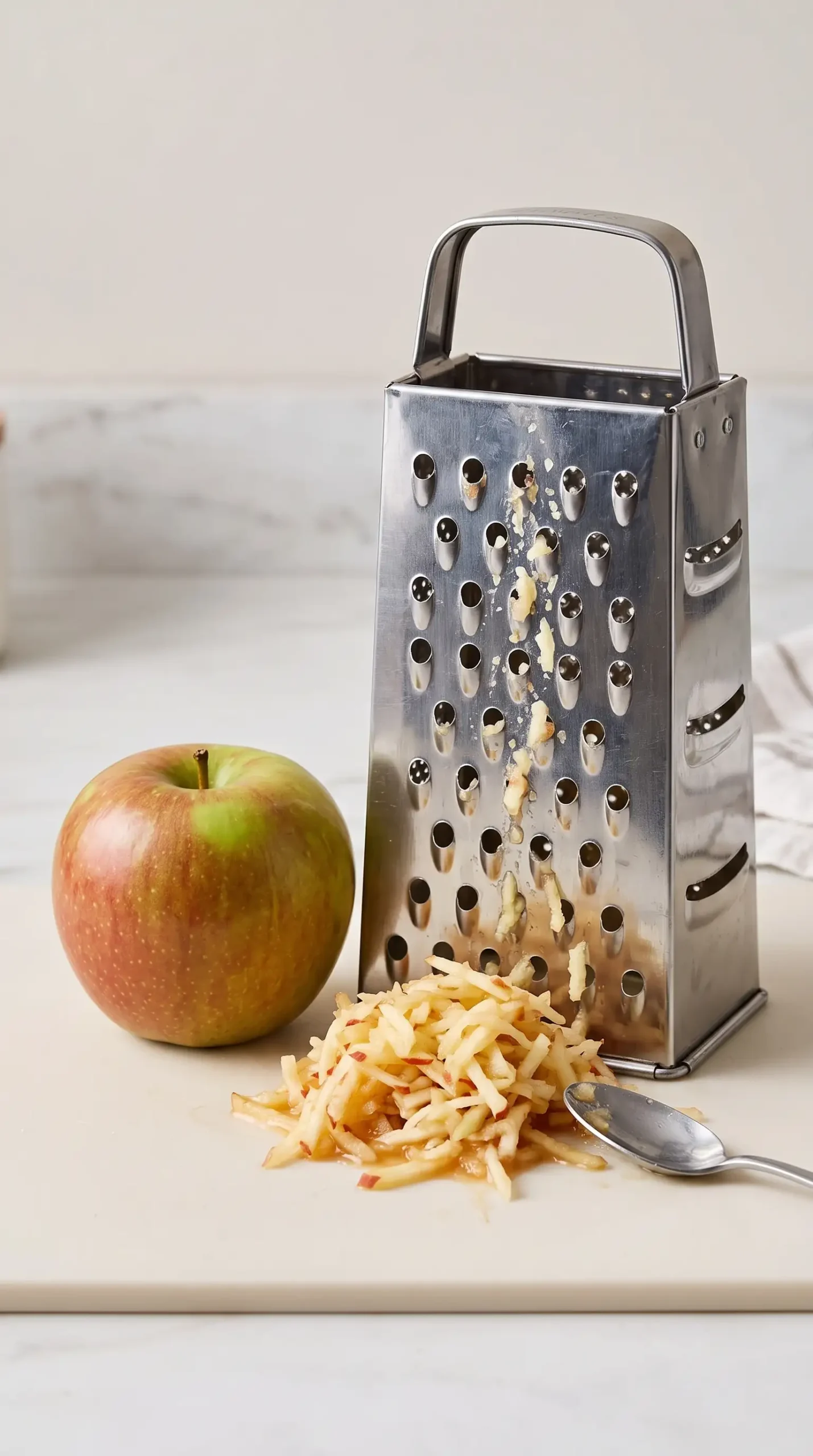 Firm apple with grated shreds beside a box grater for brown sugar apple oatmeal