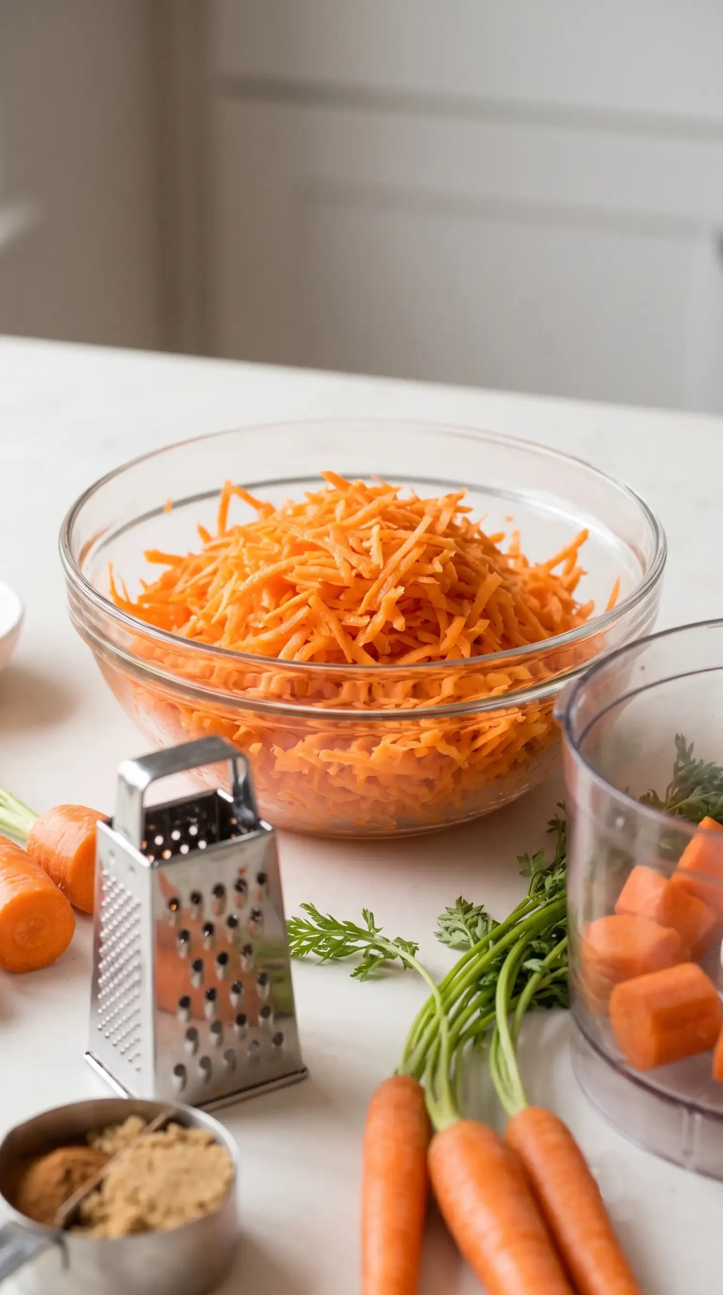 Freshly grated carrots prepared for adding moisture and texture to carrot cake coffee cake batter.