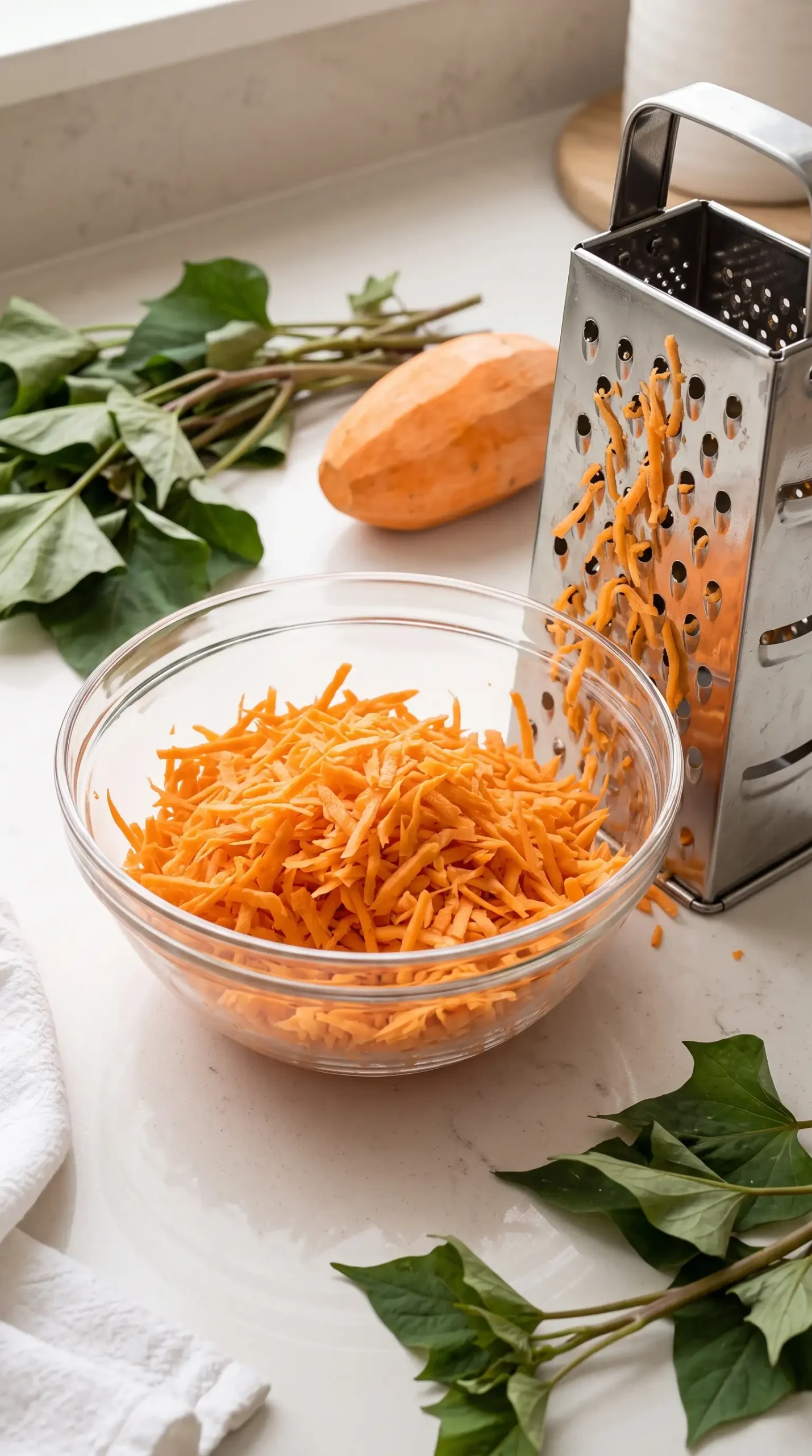 Grated sweet potato prepared in a bowl for making camote tops