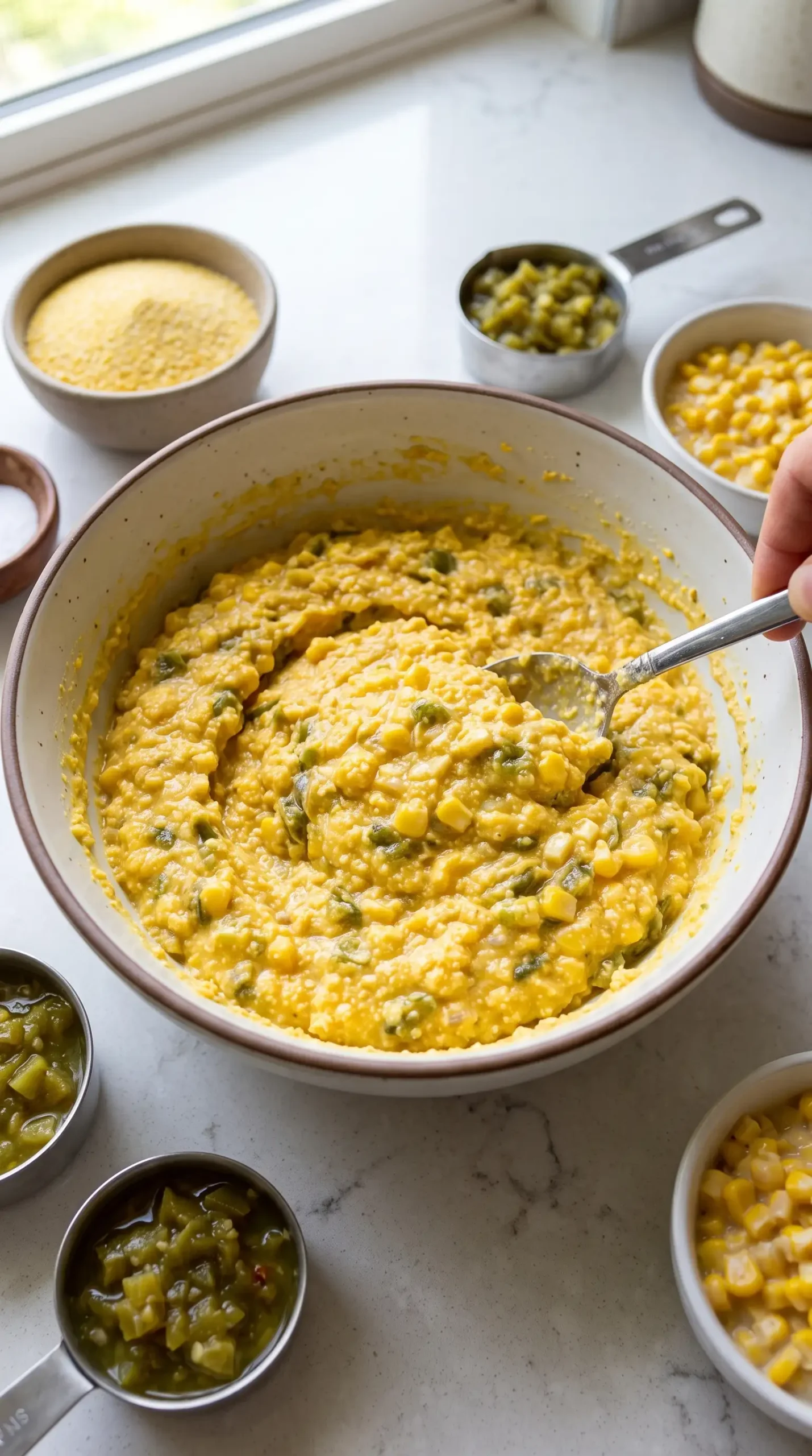 Cornmeal batter with cream corn and green chiles being mixed for tamale pie