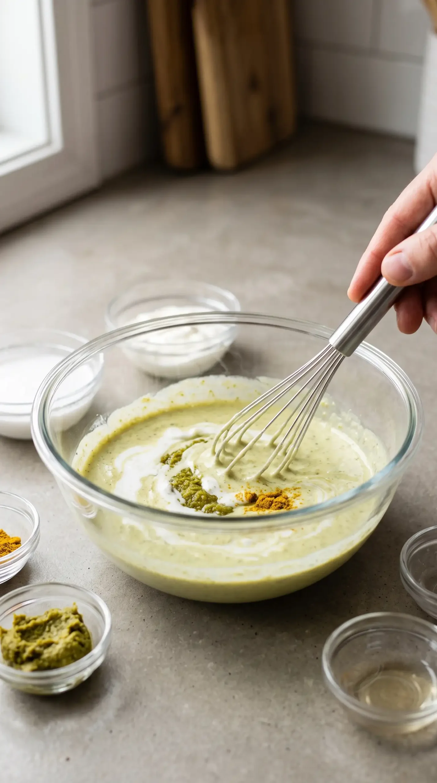 Creamy coconut milk green curry salad dressing being whisked in a bowl
