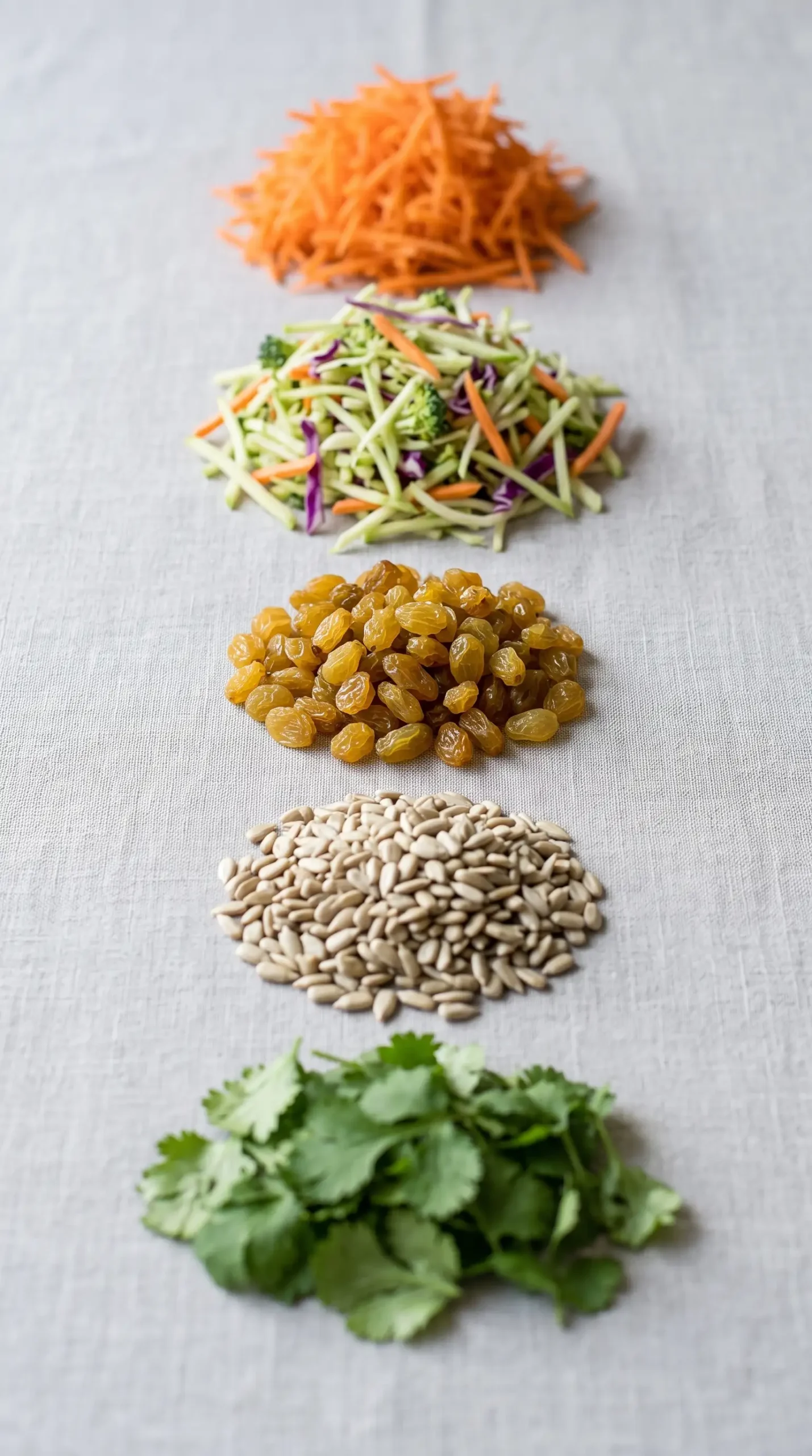 Green curry salad ingredients with carrots, slaw, golden raisins, sunflower seeds, and cilantro