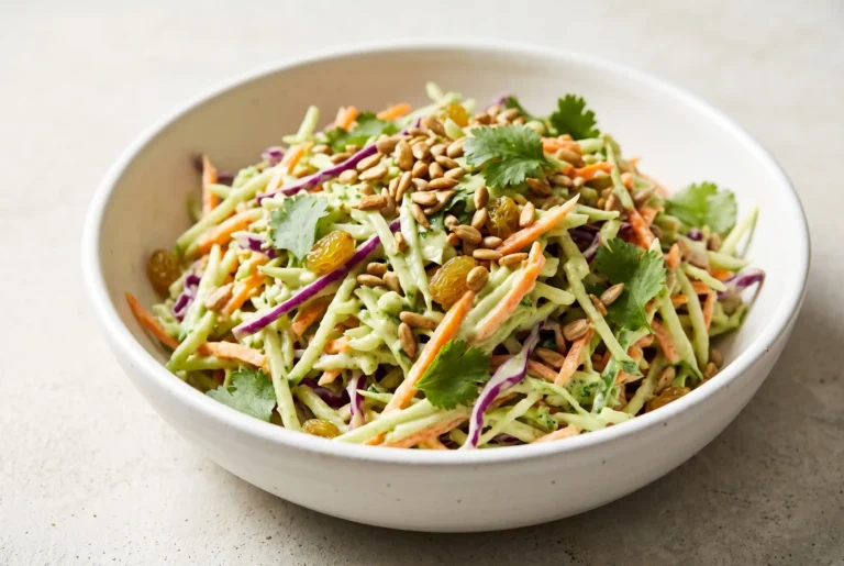 Green curry salad with coconut milk, golden raisins, carrots, sunflower seeds, and cilantro in a bowl