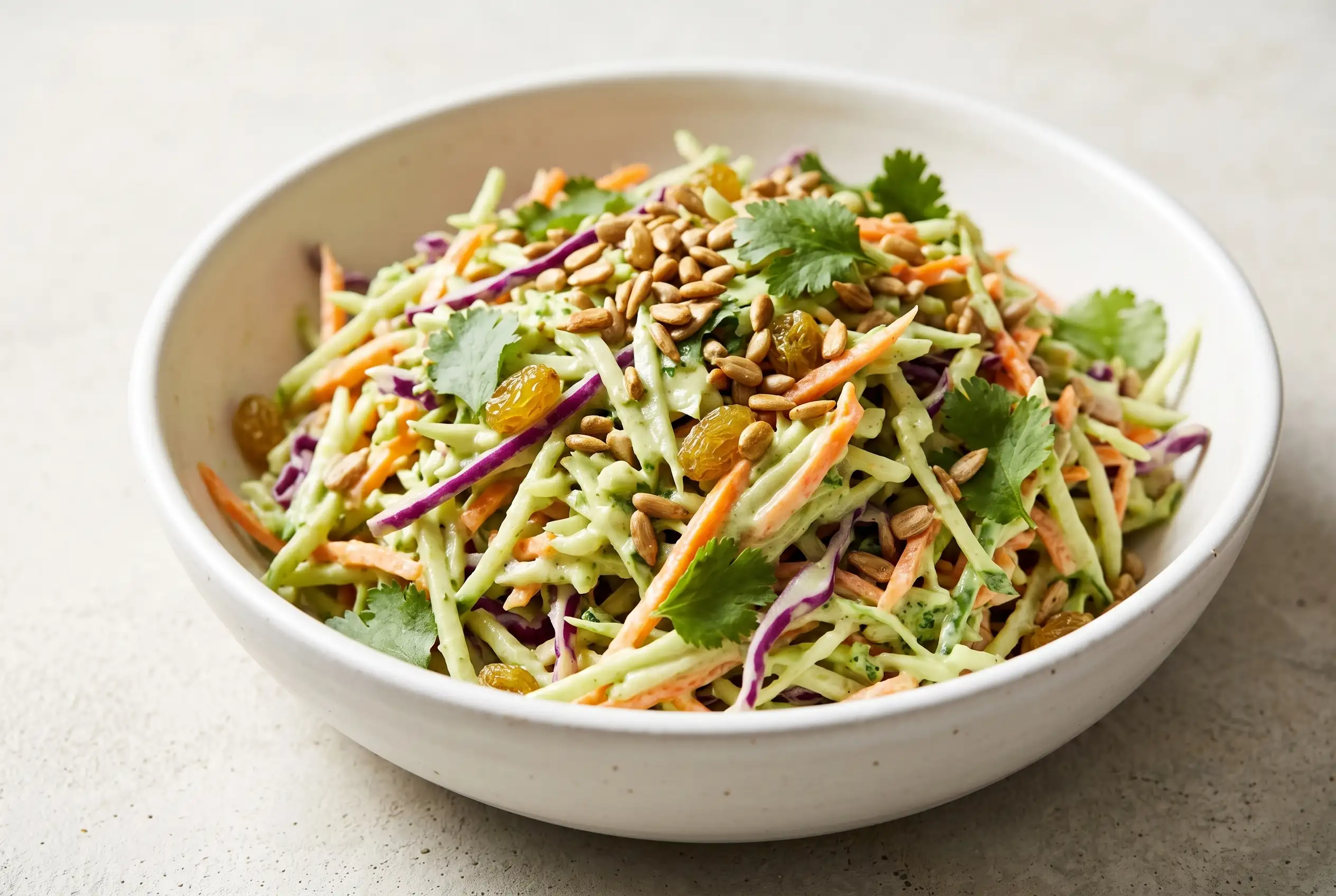 Green curry salad with coconut milk, golden raisins, carrots, sunflower seeds, and cilantro in a bowl