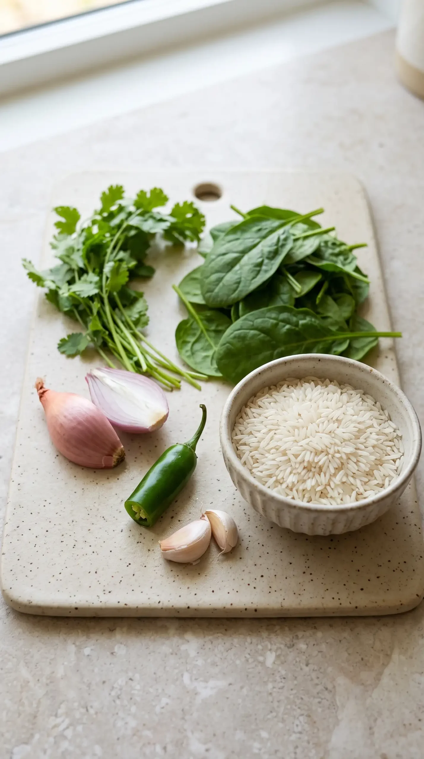 Fresh cilantro, spinach, shallot, garlic, serrano pepper, and rice prepared for green rice.