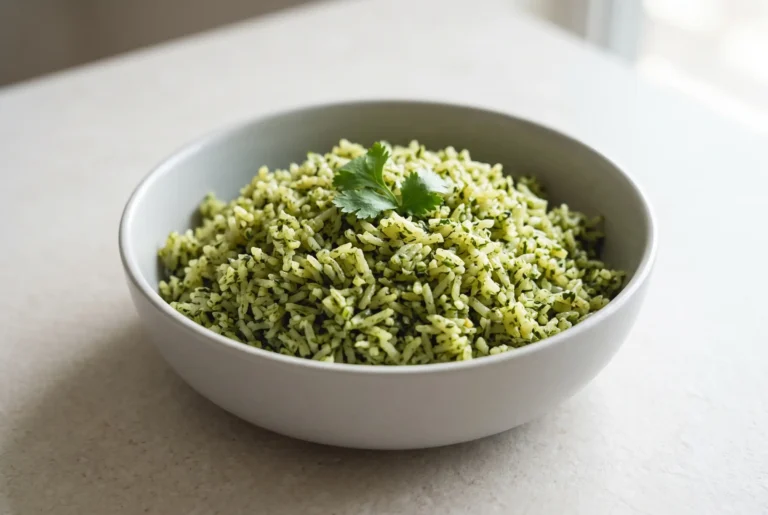 Bowl of vibrant green rice with cilantro and spinach, showing fluffy herb-coated long-grain grains.