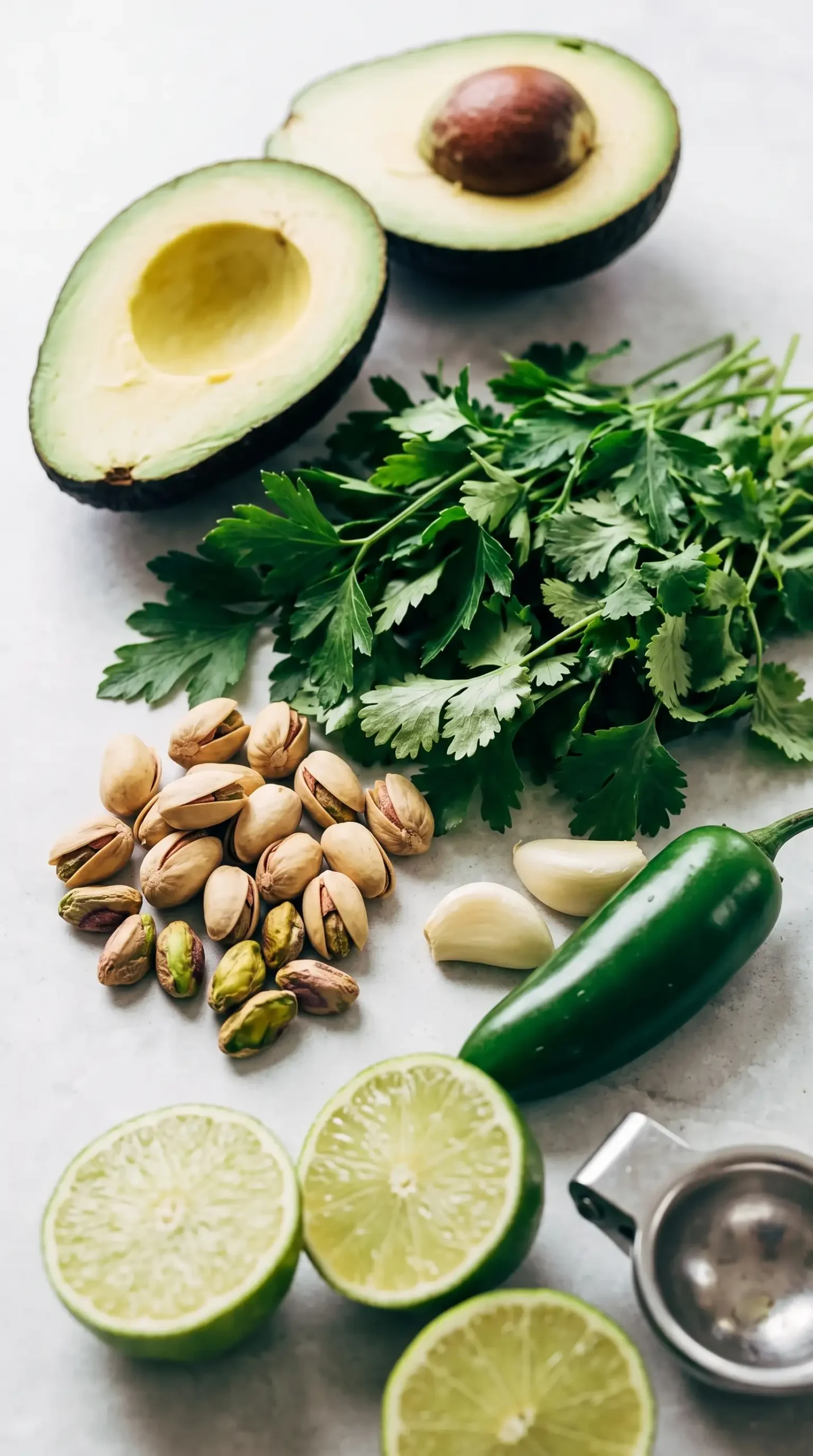 Avocado, cilantro, parsley, jalapeño, lime, garlic, and pistachios for green sauce