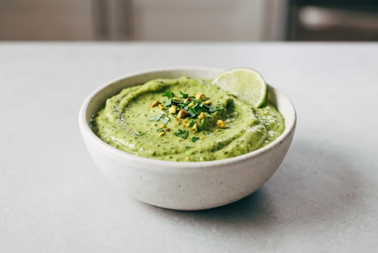 Creamy green sauce with avocado, herbs, pistachios, and lime in a serving bowl